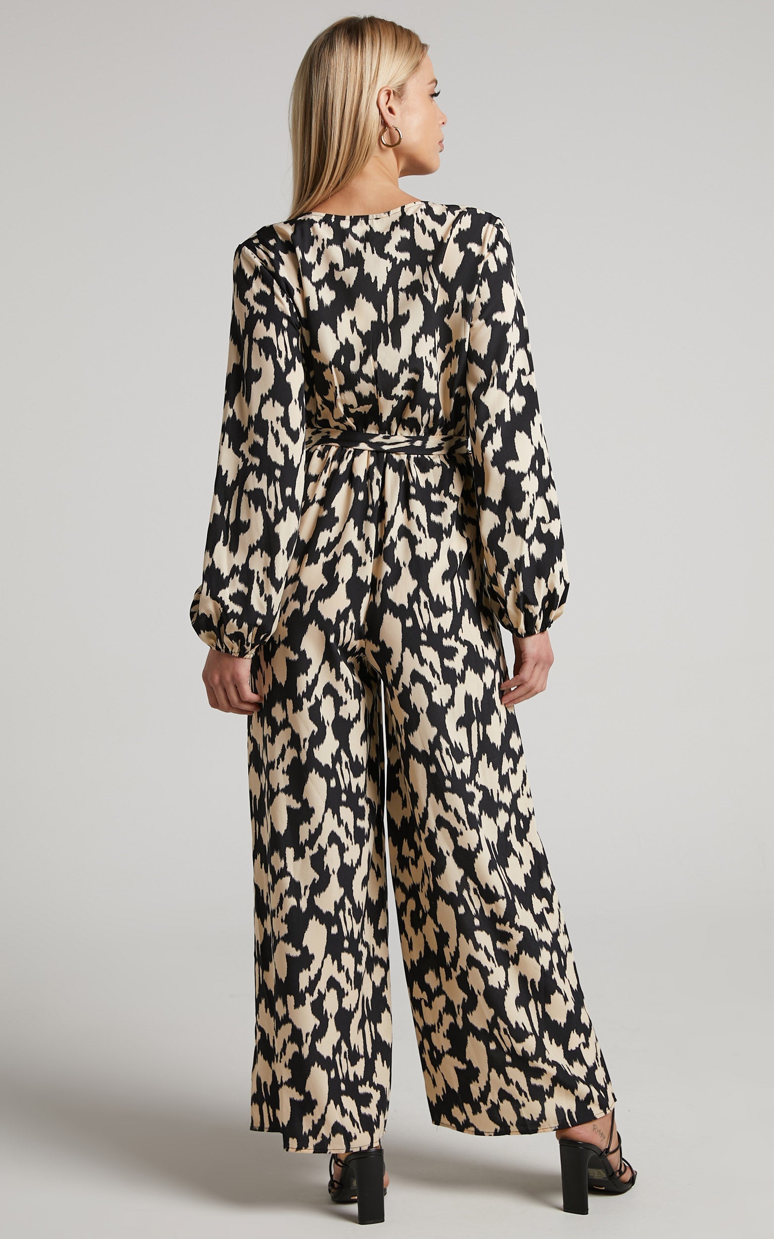 Samara Jumpsuit - V Neck Long Sleeve Wide Leg Jumpsuit in Black Abstract Print