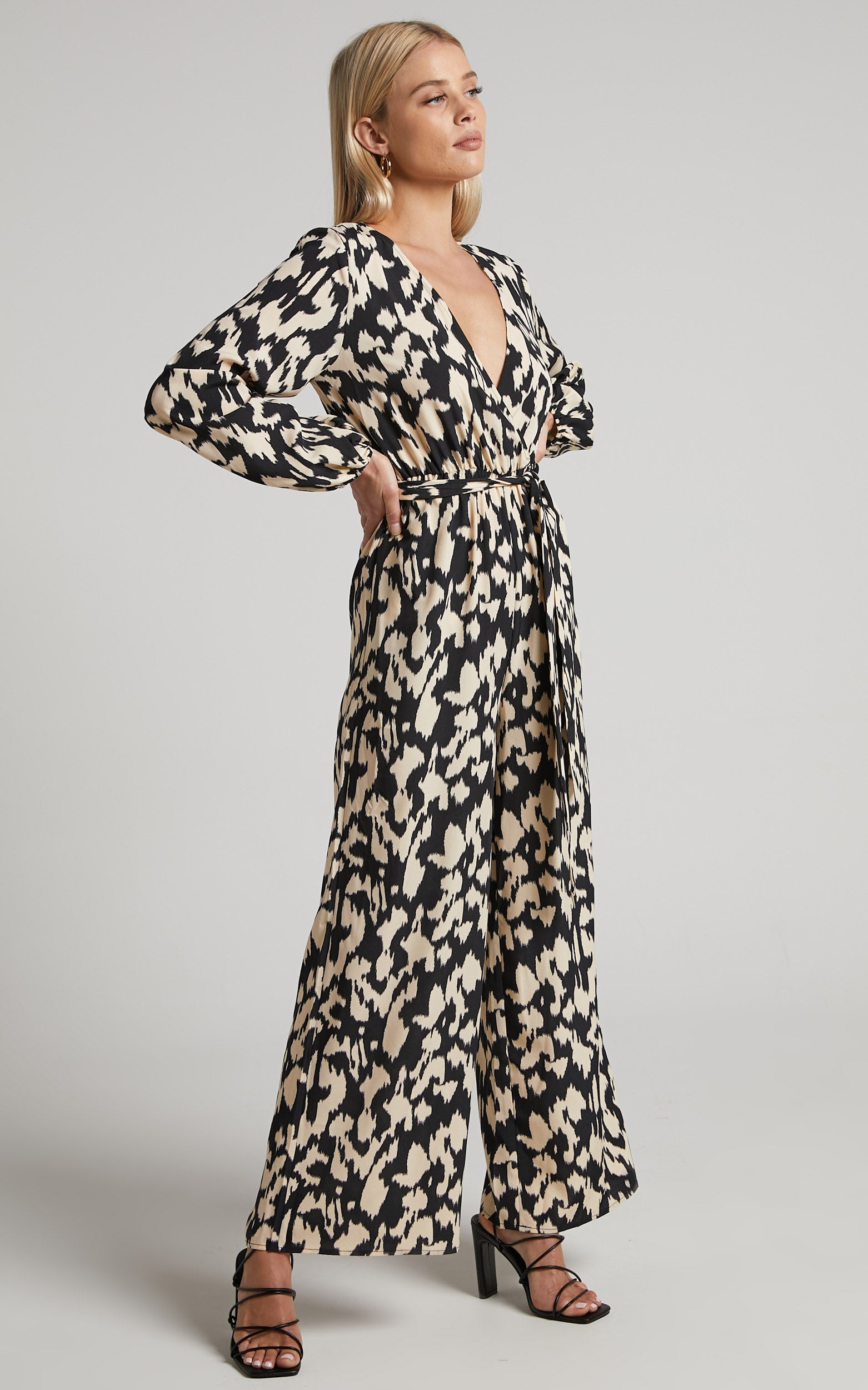Samara Jumpsuit - V Neck Long Sleeve Wide Leg Jumpsuit in Black Abstract Print