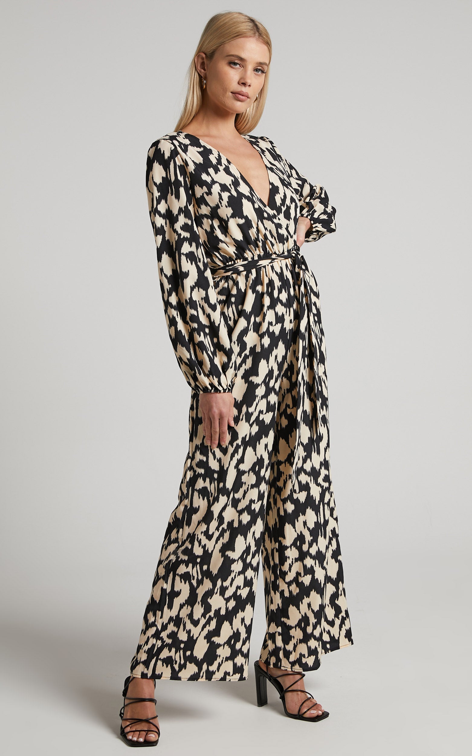 Samara Jumpsuit - V Neck Long Sleeve Wide Leg Jumpsuit in Black Abstract Print