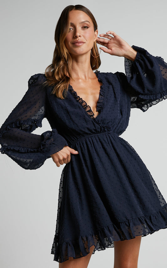 Sancha Mini Dress - Long Sleeve Frill Dress in Navy