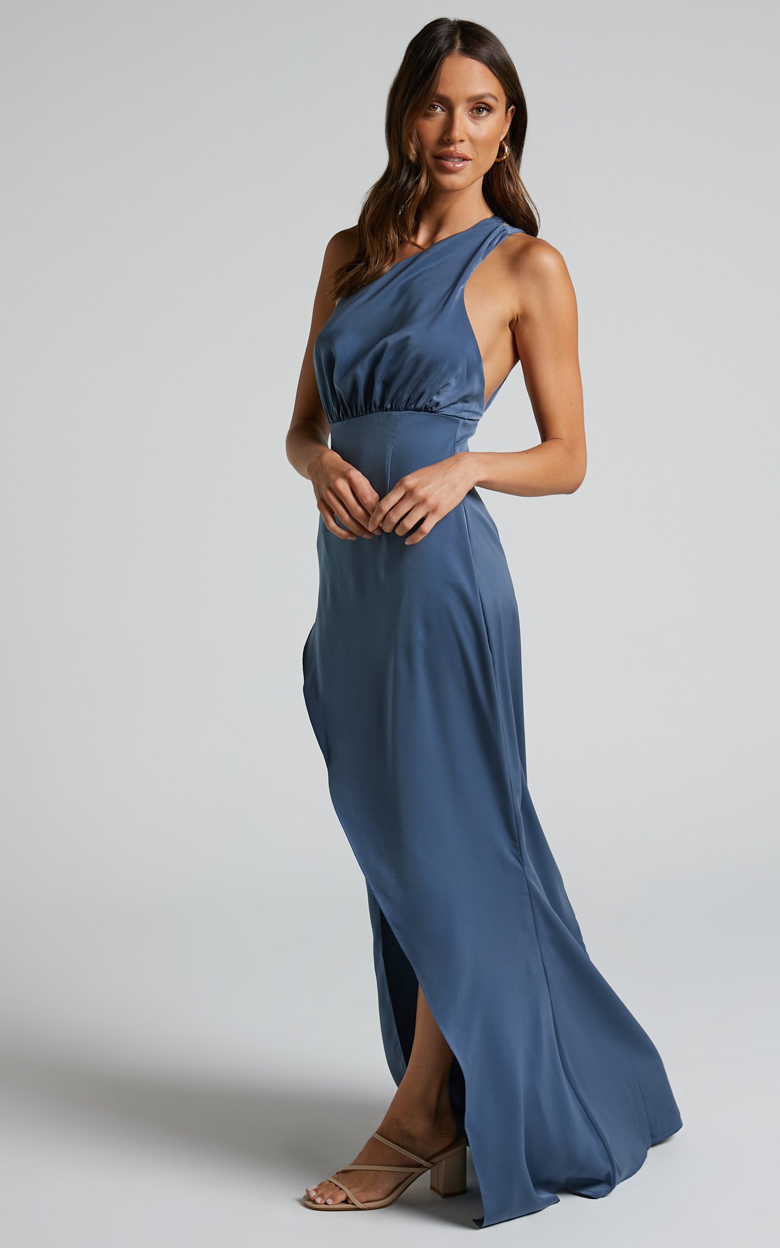 Sandara Maxi Dress - One Shoulder Strappy Back Dress in Steel Blue