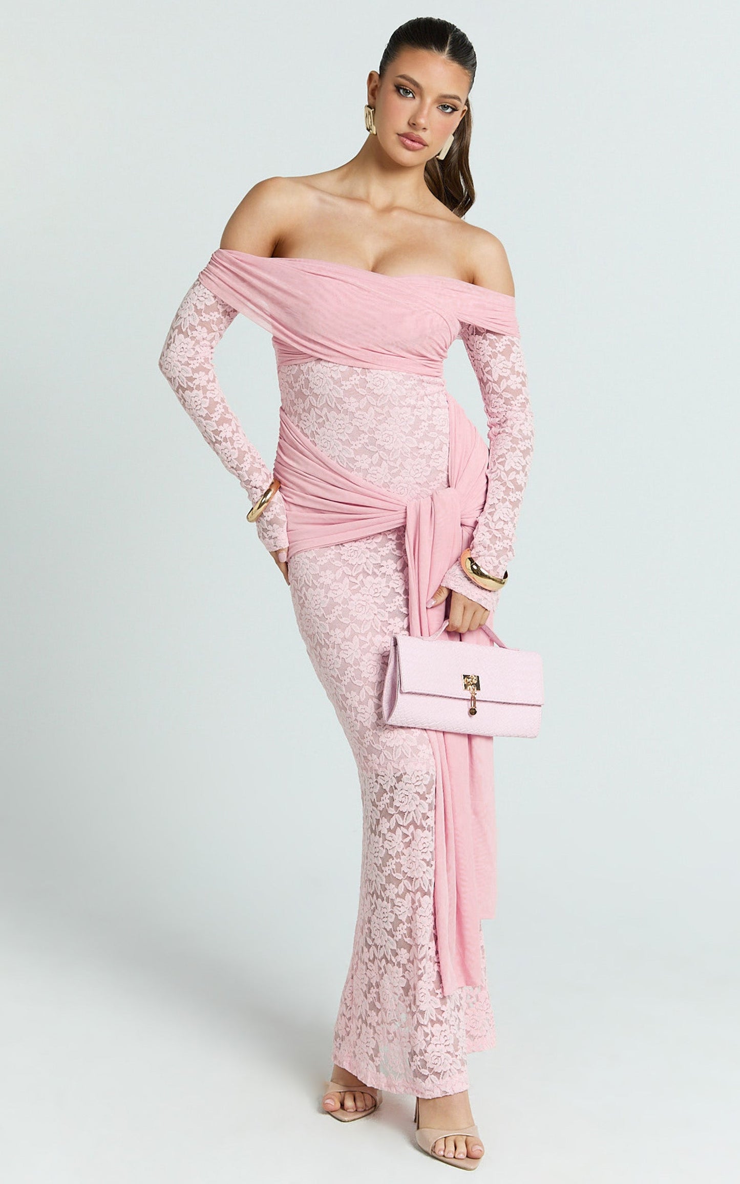 Sandra Maxi Dress - Off The Shoulder Sash Bodycon Dress in Pink