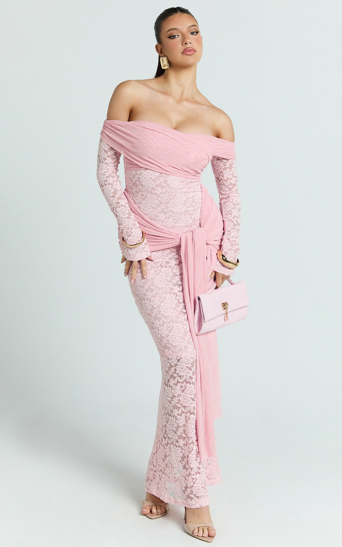 Sandra Maxi Dress - Off The Shoulder Sash Bodycon Dress in Pink