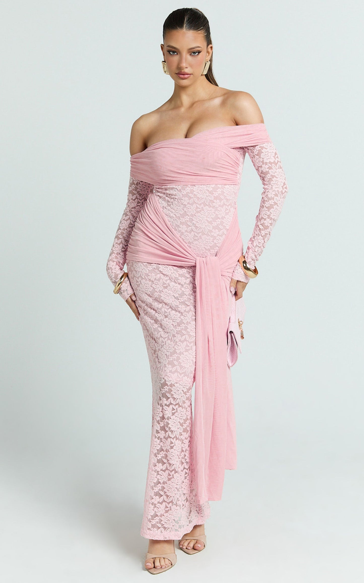 Sandra Maxi Dress - Off The Shoulder Sash Bodycon Dress in Pink