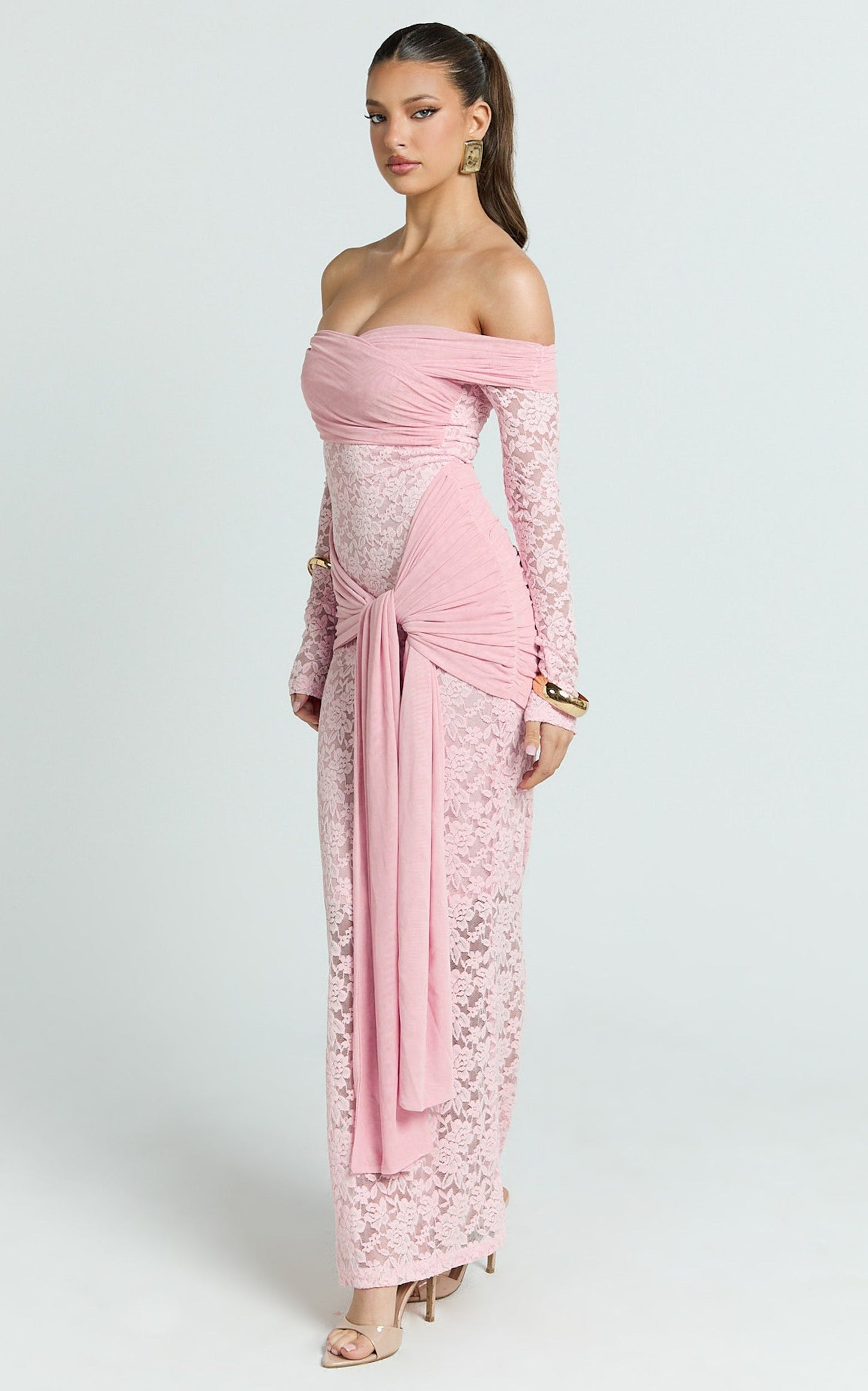 Sandra Maxi Dress - Off The Shoulder Sash Bodycon Dress in Pink