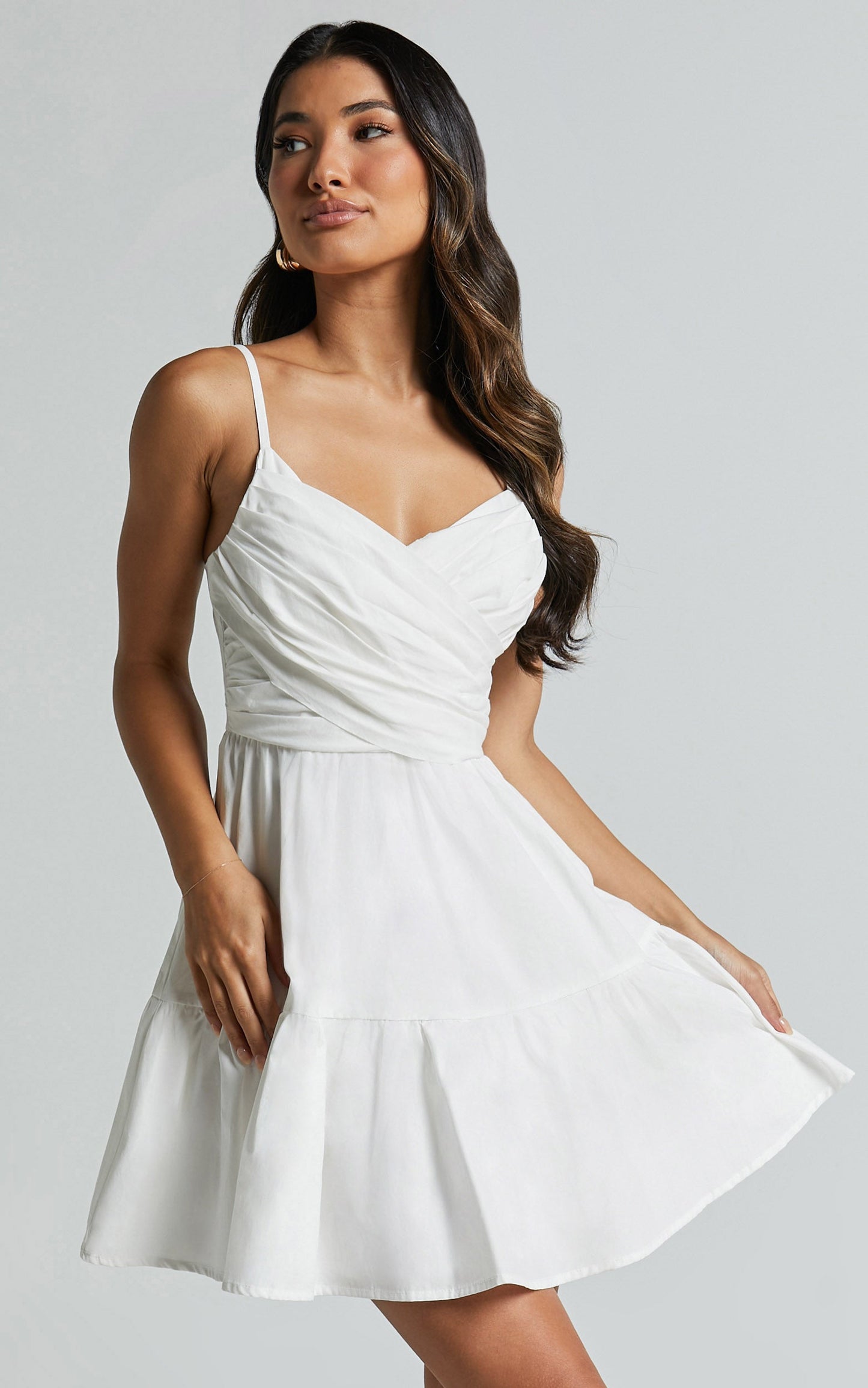 Sandra Midi Dress - Draped Crossover Bodice Tiered Dress in Ivory