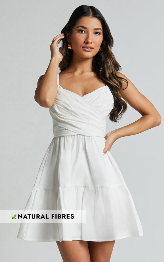 Sandra Midi Dress - Draped Crossover Bodice Tiered Dress in Ivory