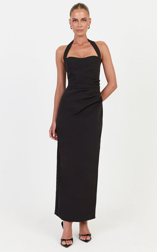 Sandy Maxi Dress - Sweetheart Neckline Halter Dress in Black