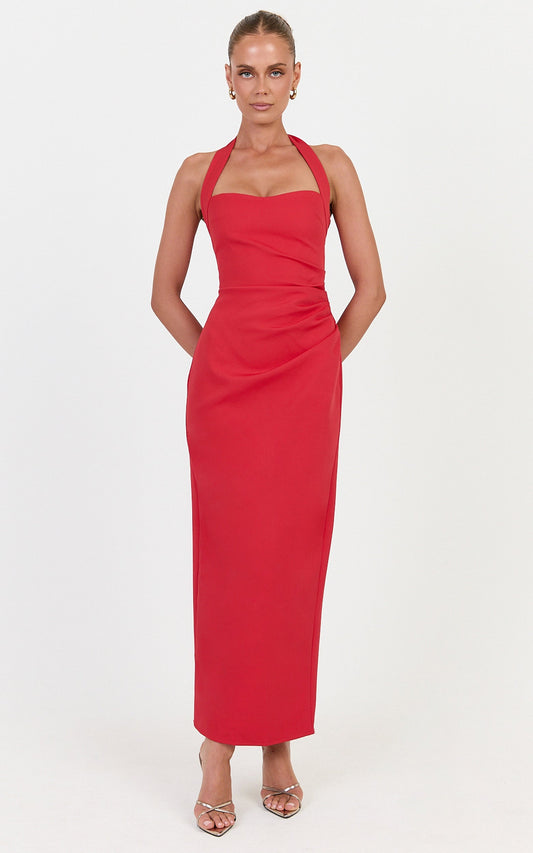 Sandy Maxi Dress - Sweetheart Neckline Halter Dress in Red
