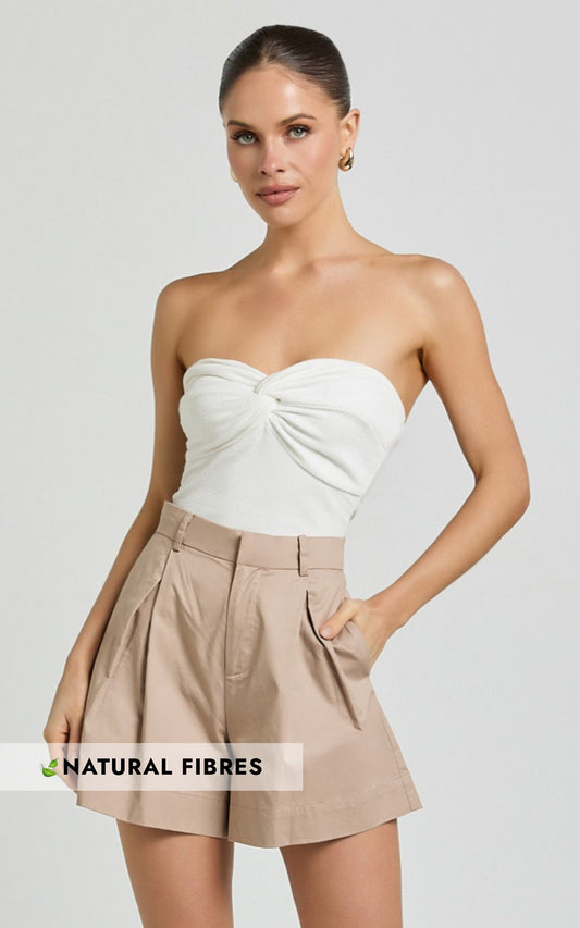 Sanvi Shorts - High Waisted Cotton Tailored Shorts in Light Taupe