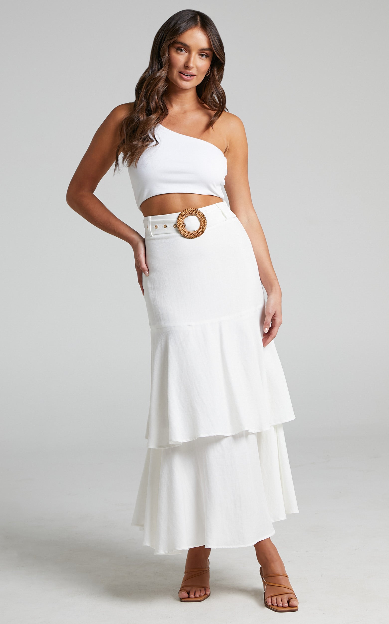 Sanya Belted Tiered Frill Hem Maxi Skirt in White
