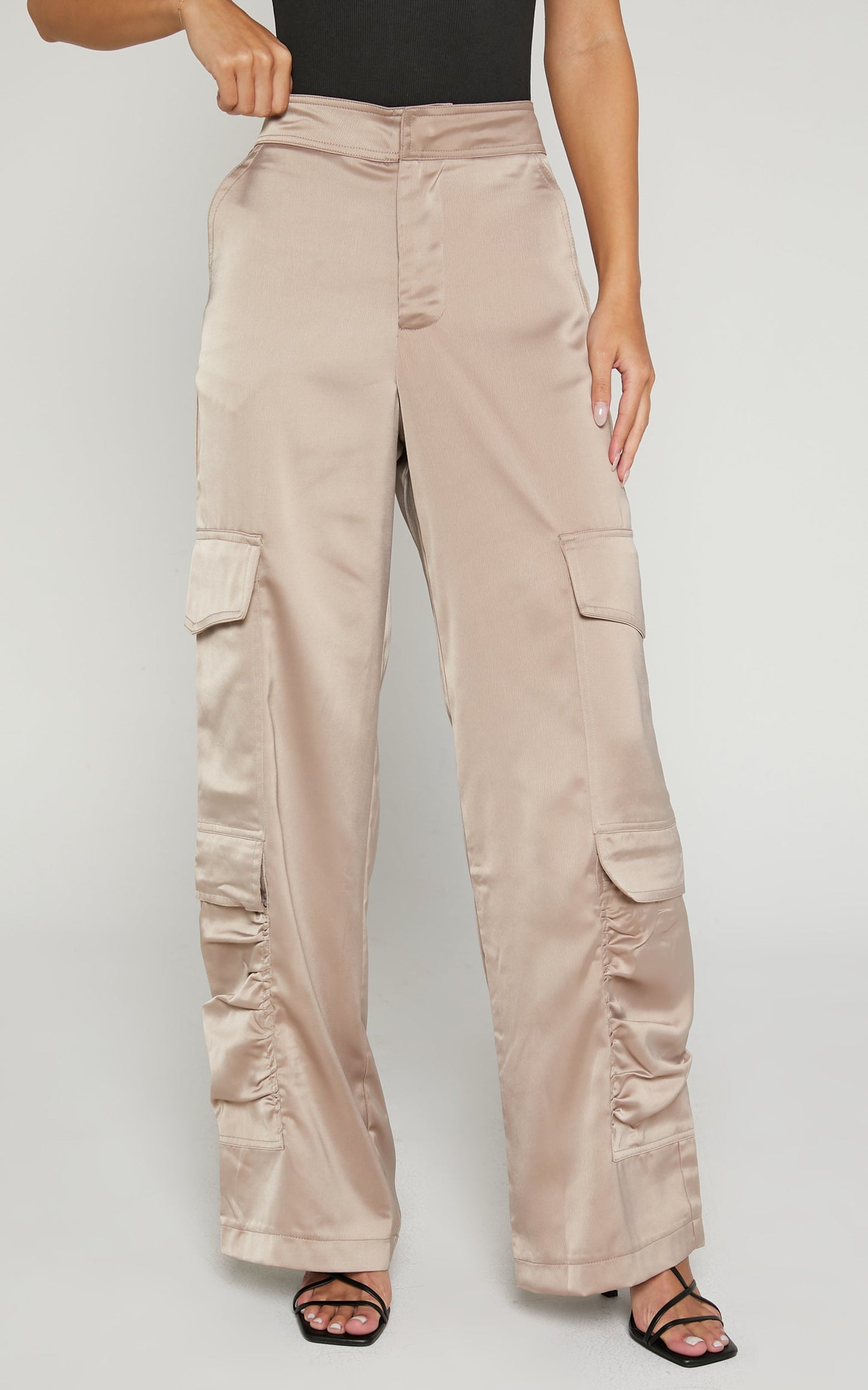 Saori Pants - Mid Rise Satin Cargo Pants in Mushroom
