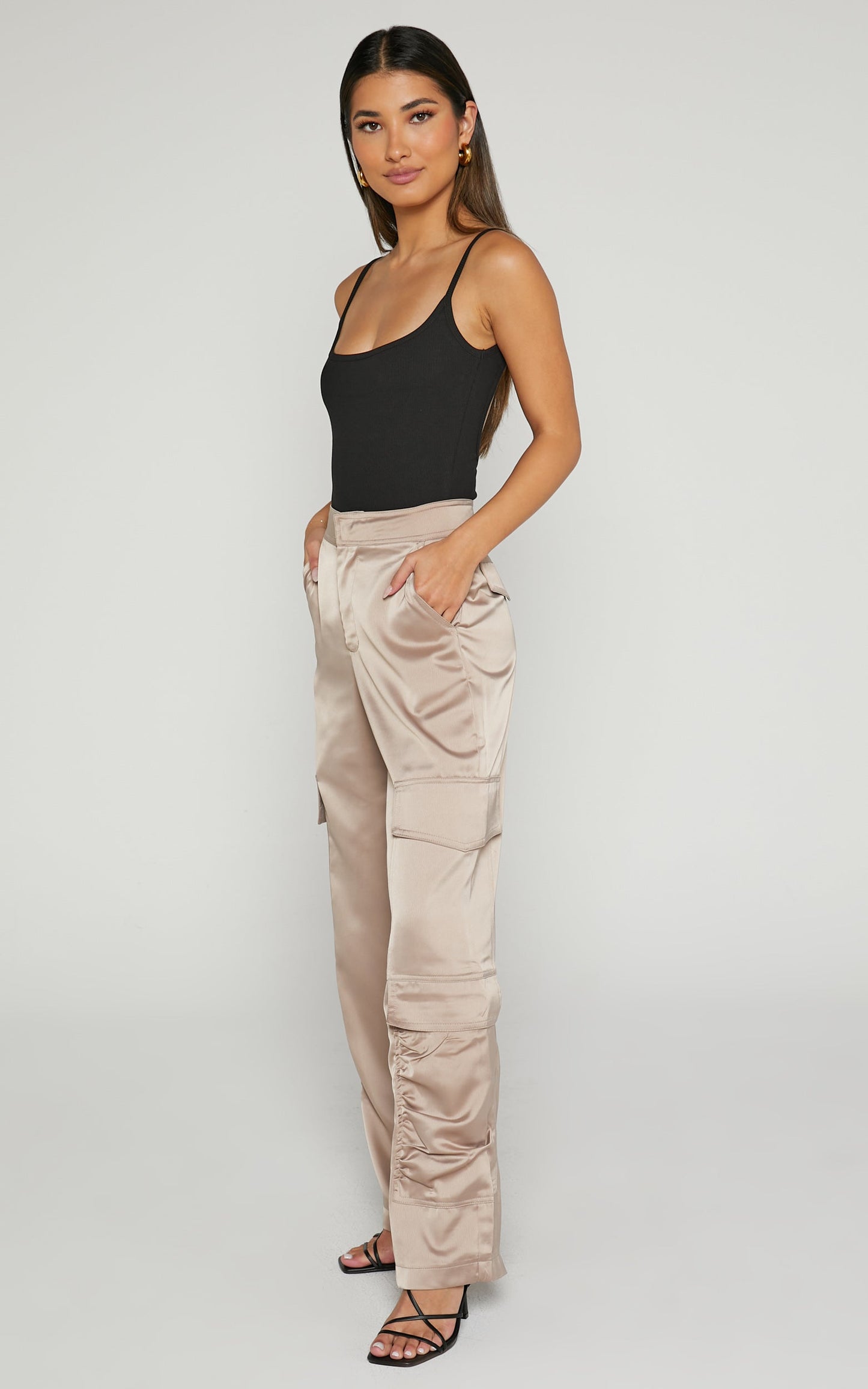 Saori Pants - Mid Rise Satin Cargo Pants in Mushroom