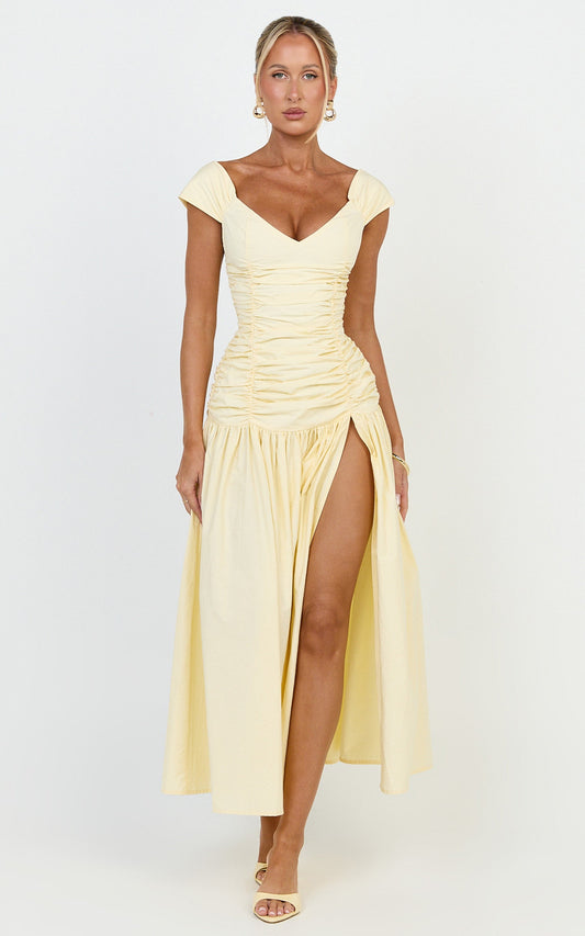 Saphira Maxi Dress - Off Shoulder Plunge Frill Hem Dress in Lemon
