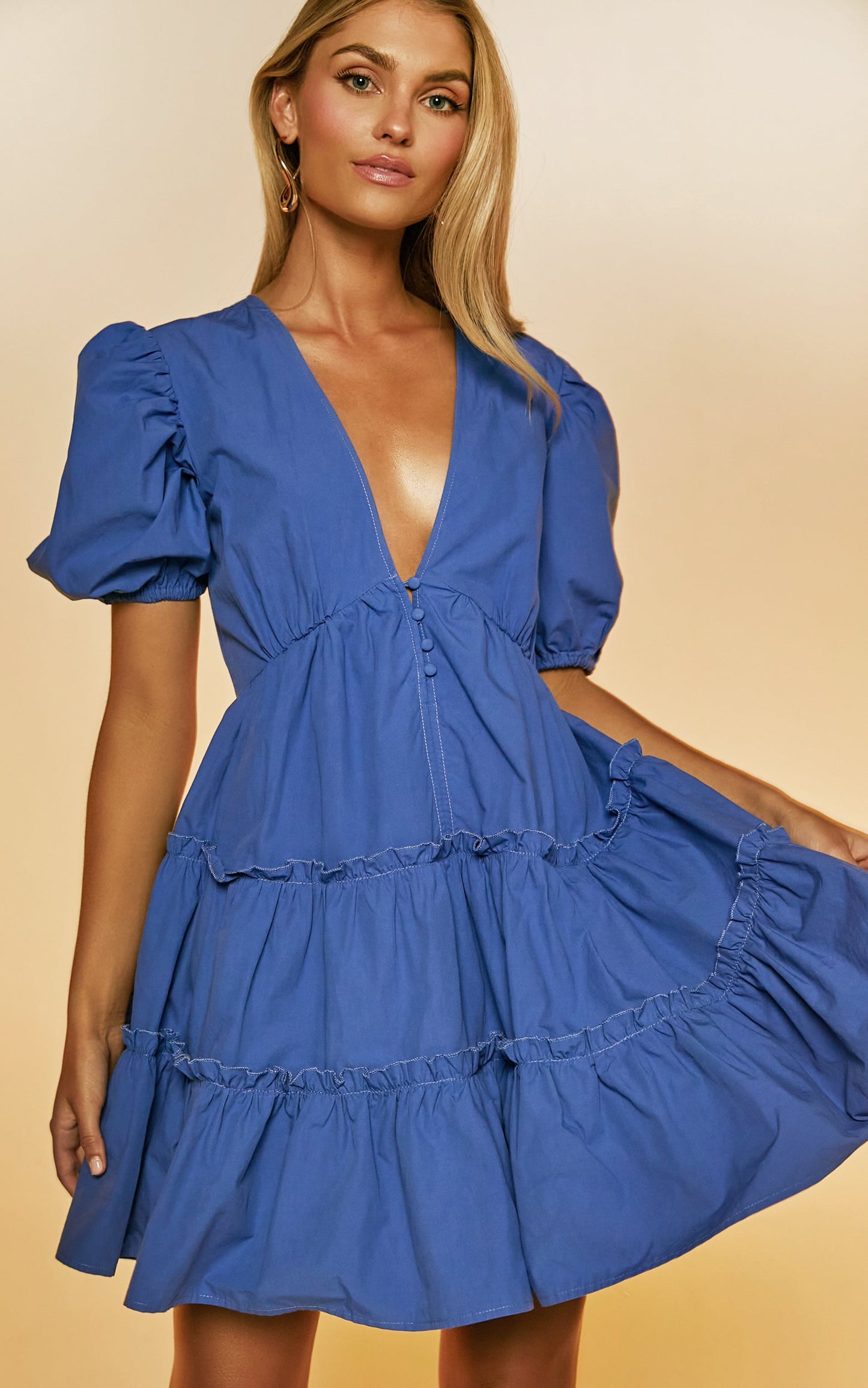 Sarah Mini Dress - Short Puff Sleeve V Neck A Line Dress in Blue