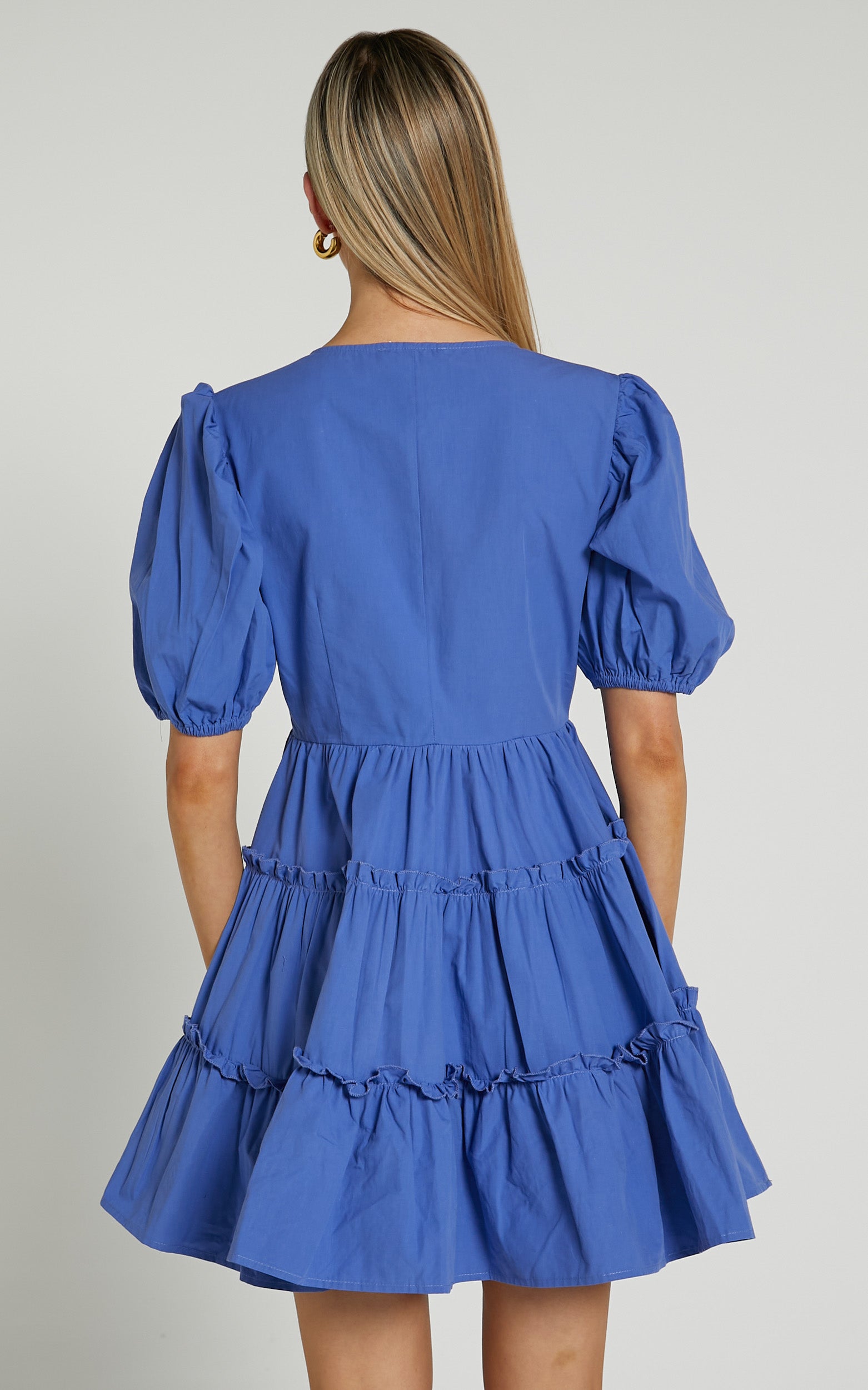Sarah Mini Dress - Short Puff Sleeve V Neck A Line Dress in Blue