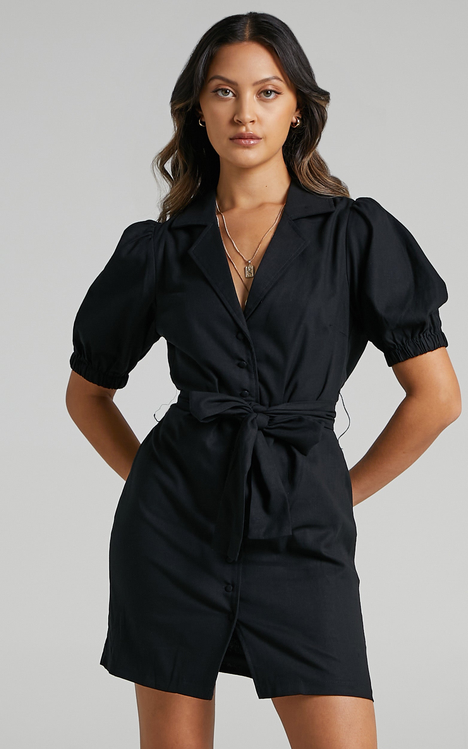 Saron Mini Dress - Linen Look Button Front Belt Dress in Black