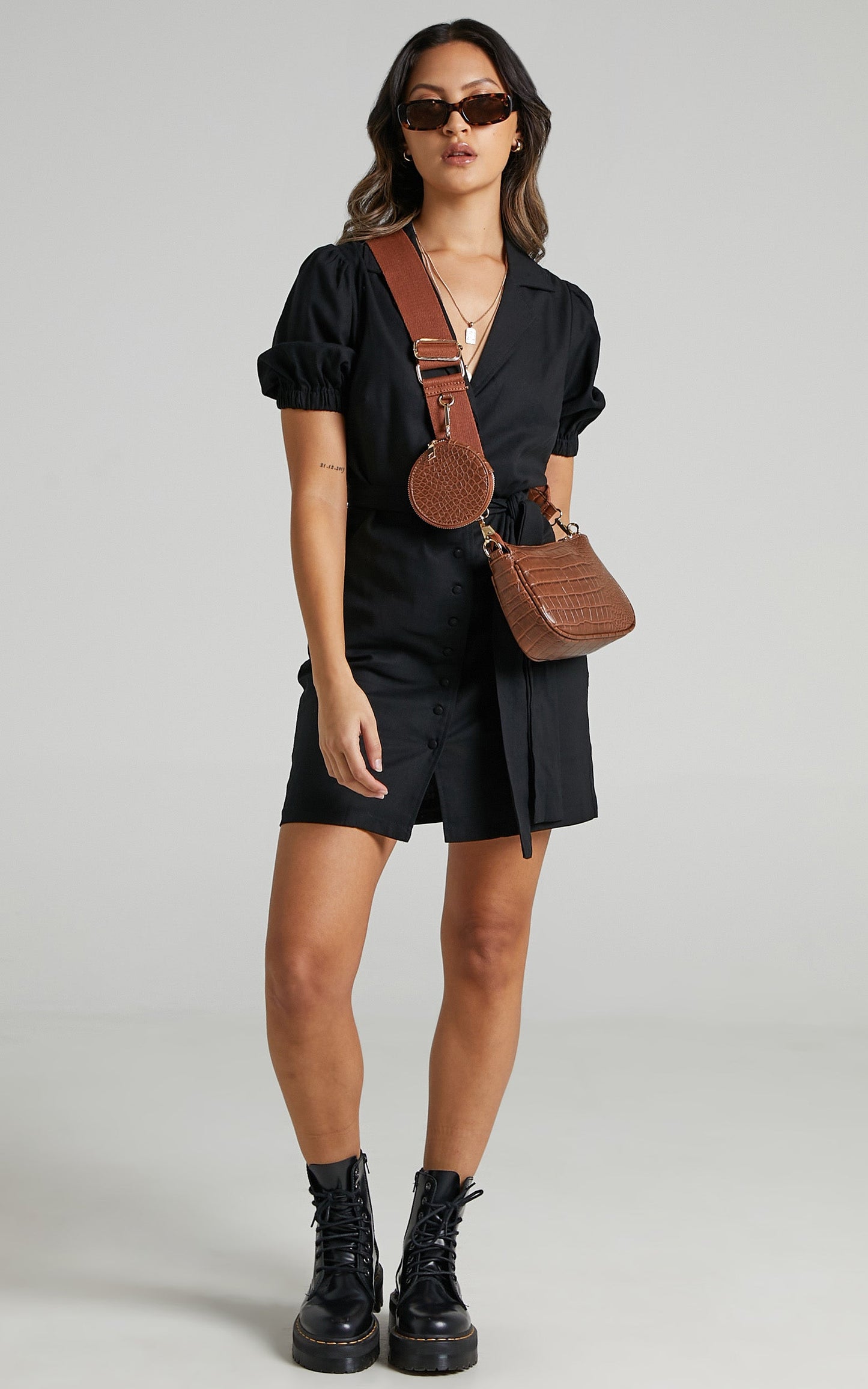 Saron Mini Dress - Linen Look Button Front Belt Dress in Black