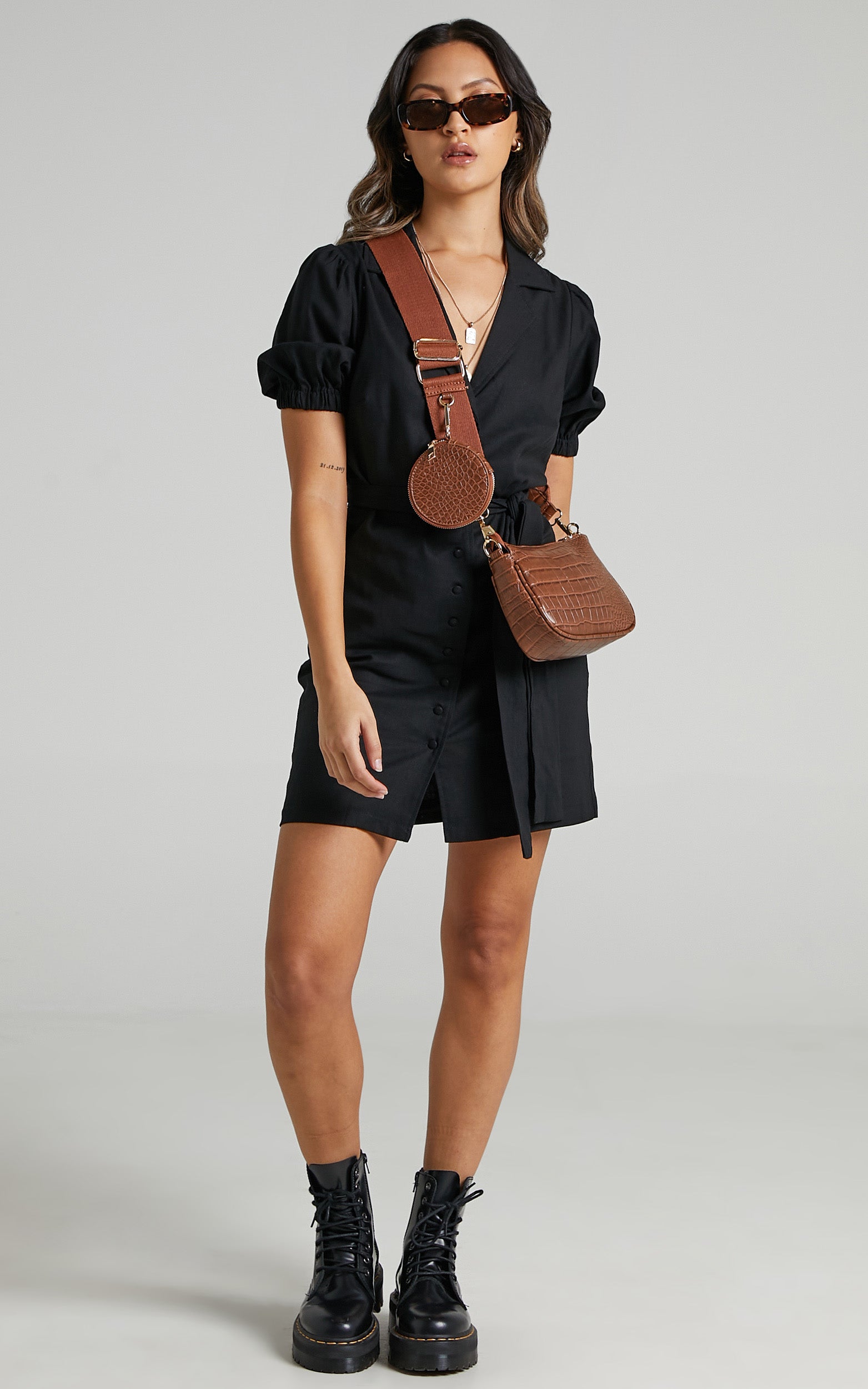 Saron Mini Dress - Linen Look Button Front Belt Dress in Black
