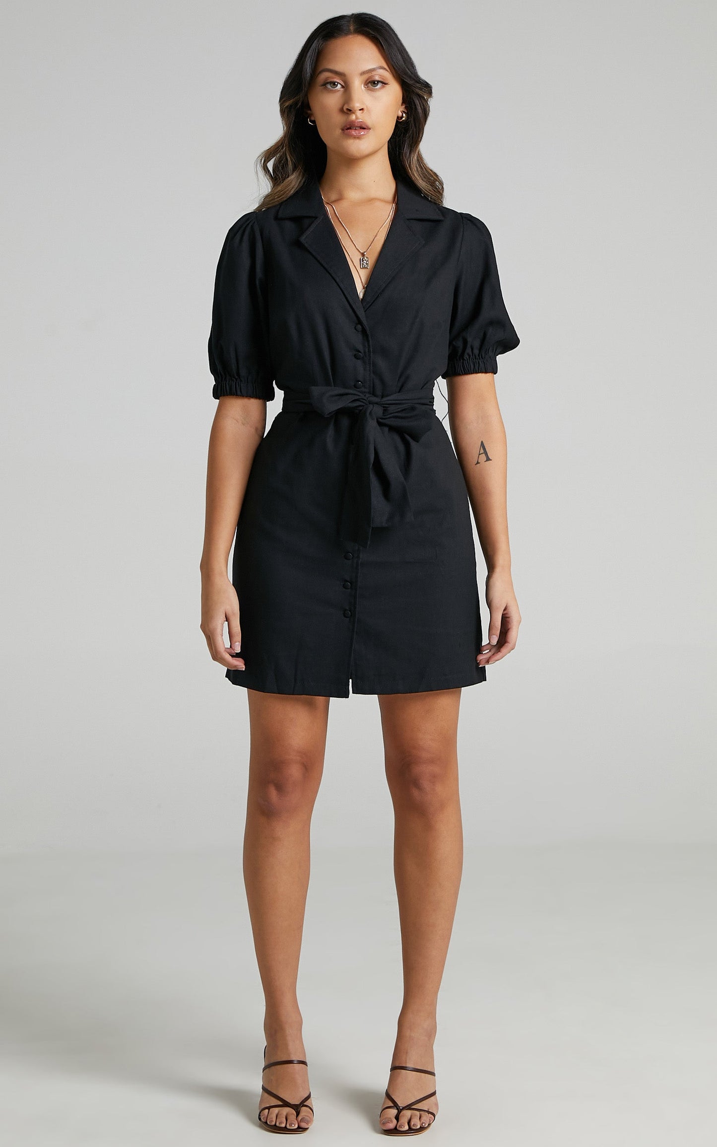Saron Mini Dress - Linen Look Button Front Belt Dress in Black