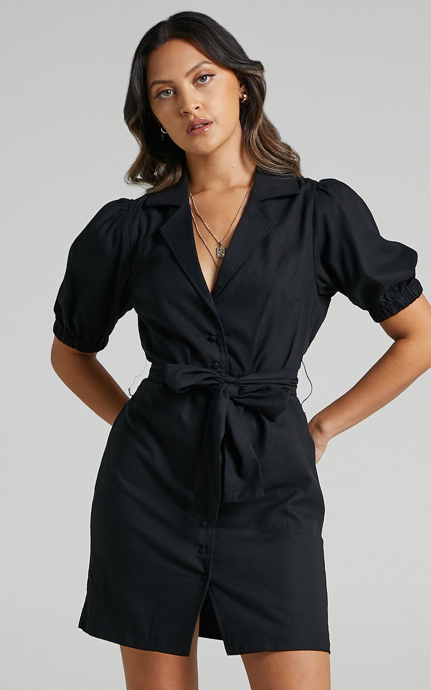 Saron Mini Dress - Linen Look Button Front Belt Dress in Black