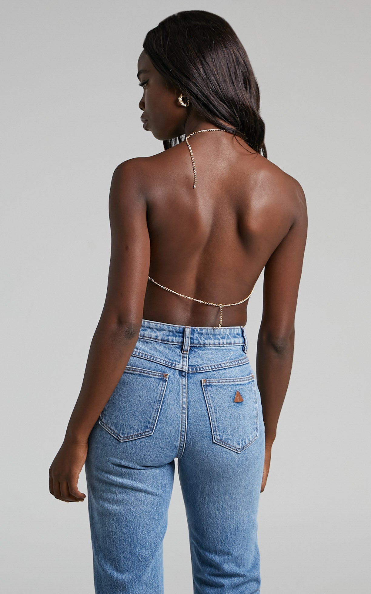 Sasha Top - V Hem Open Back Mesh Halter Crop Top in Gold