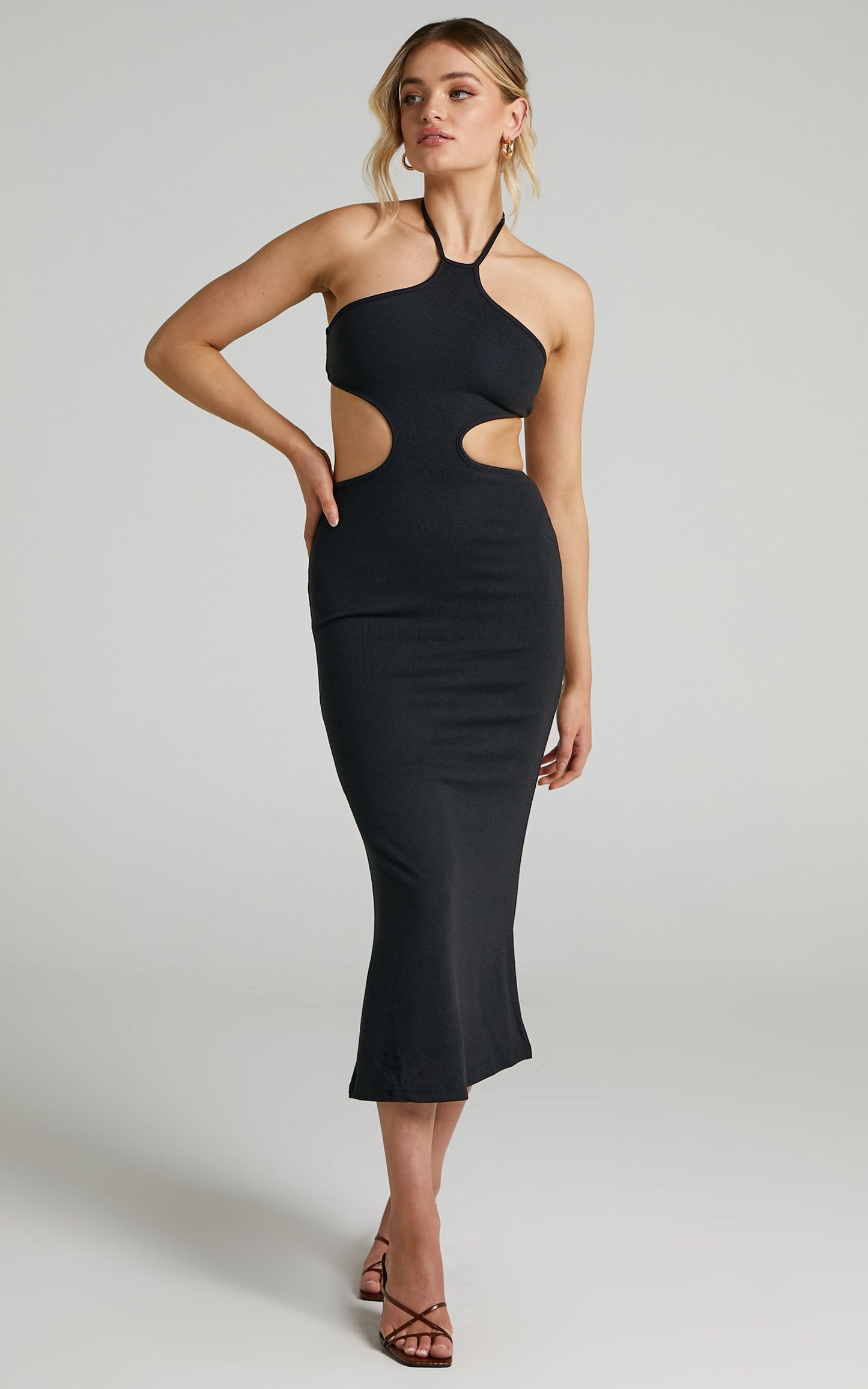 Saskia Side Cut Out Midi Dress in Black
