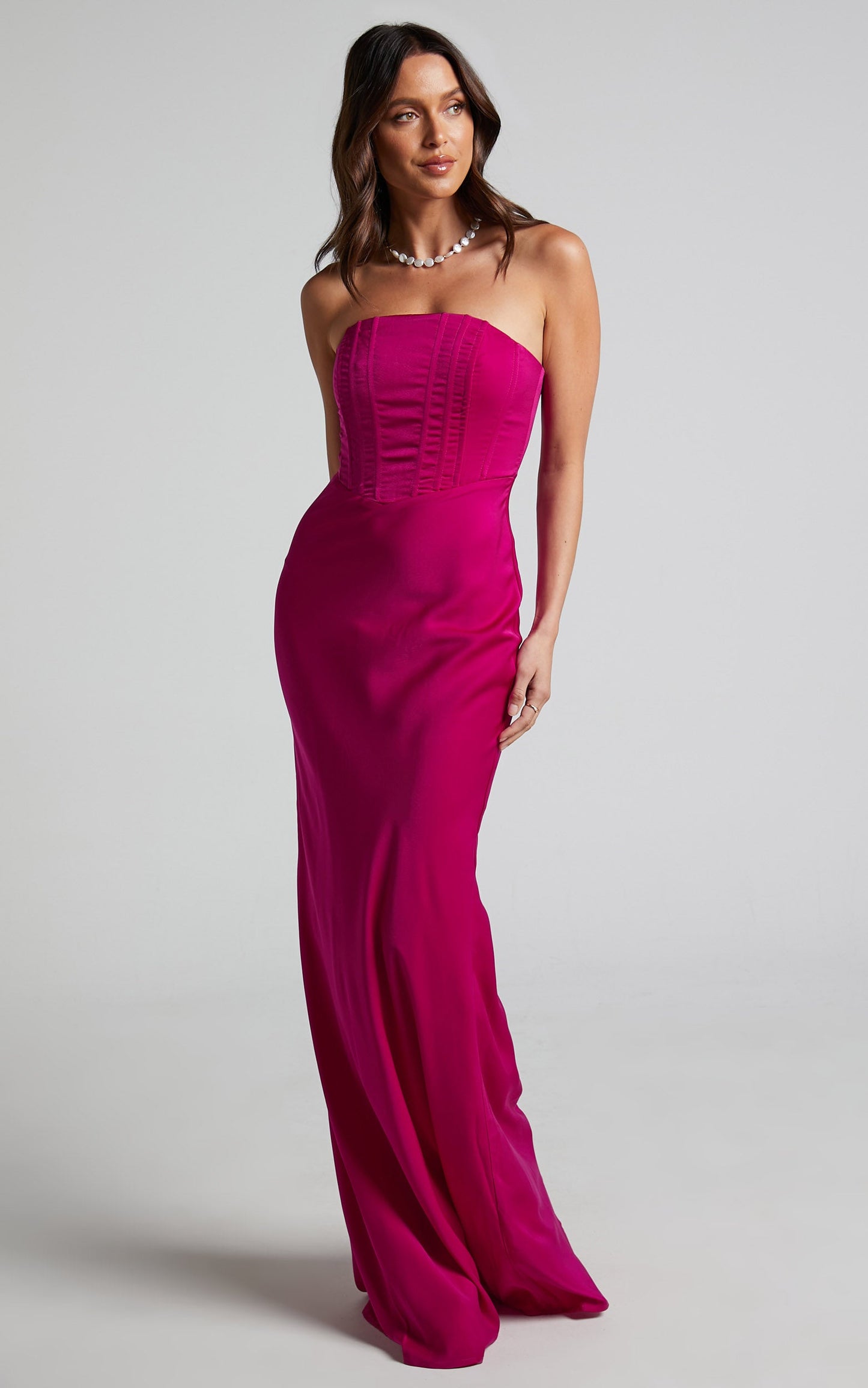 Scarlett Maxi Dress - Strapless Corset Satin Dress in Fuchsia