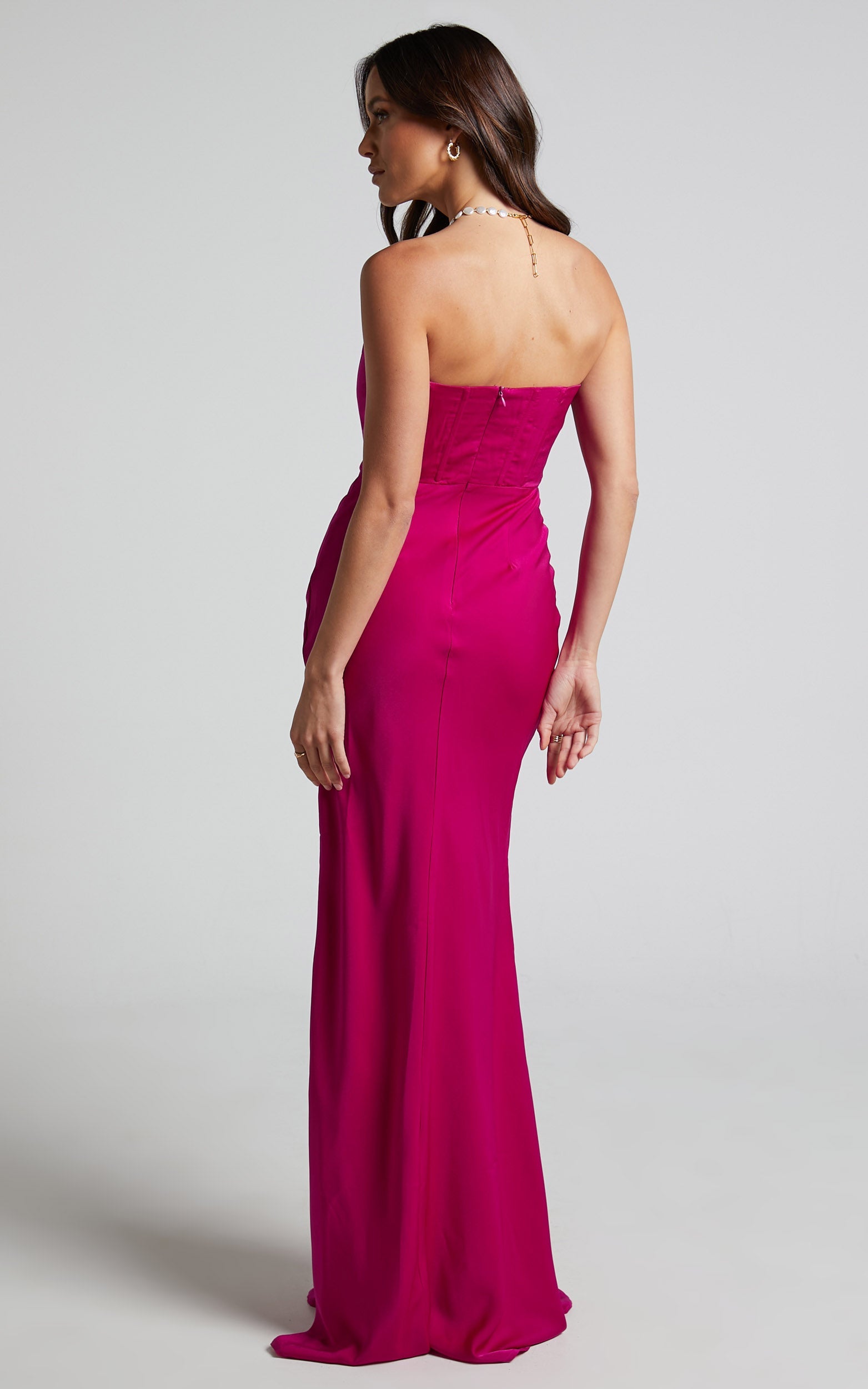 Scarlett Maxi Dress - Strapless Corset Satin Dress in Fuchsia