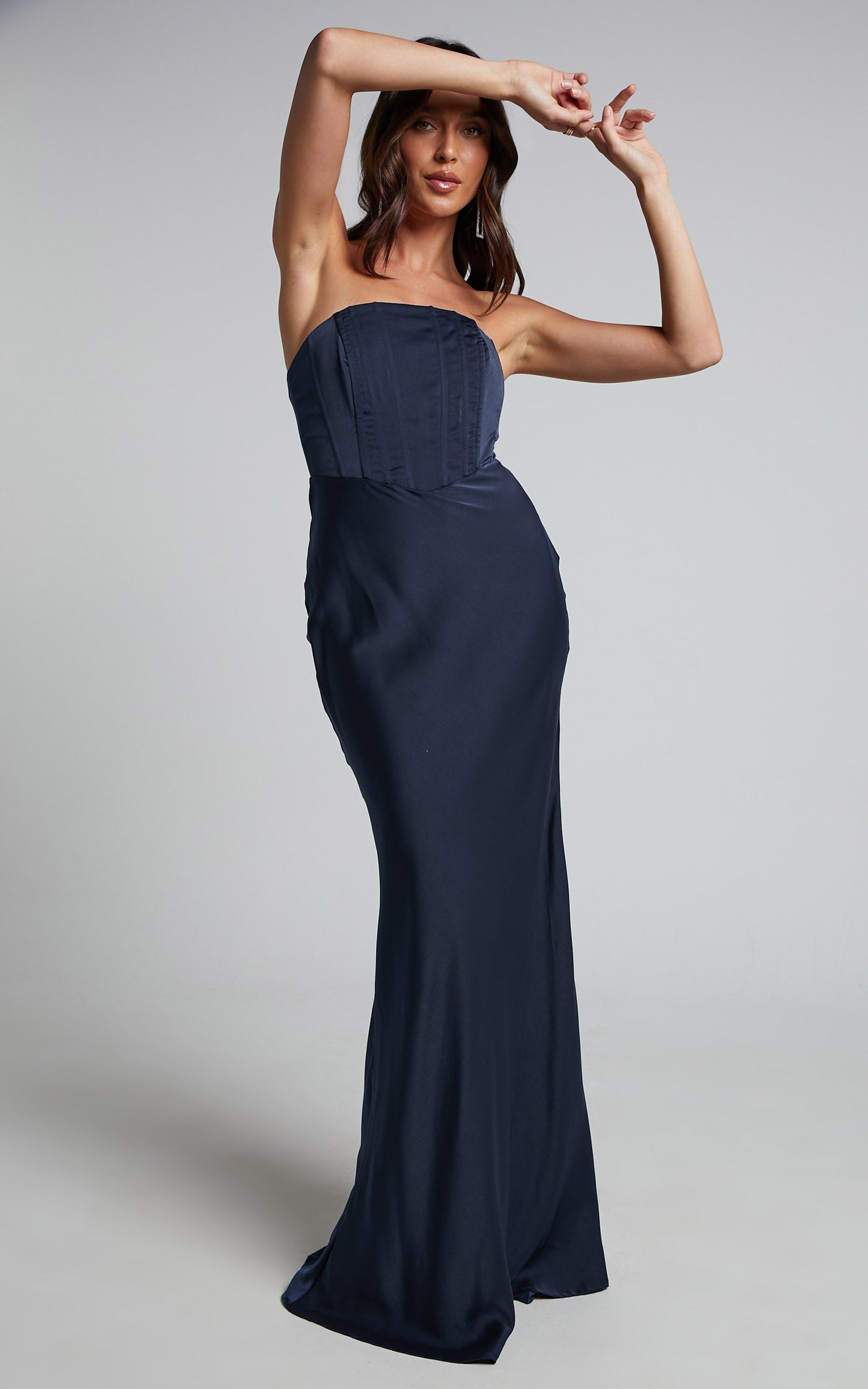 Scarlett Maxi Dress - Strapless Corset Satin Dress in Navy