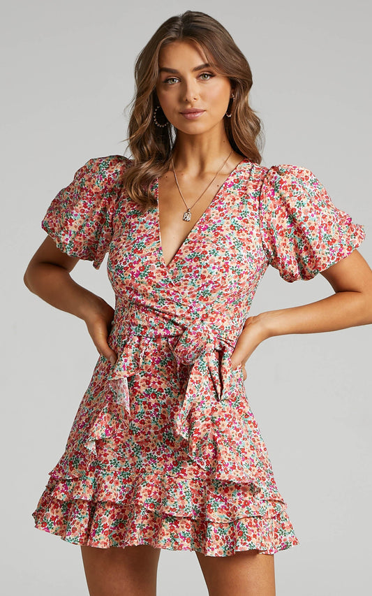 Scarlette Frill Hem Mini Dress in White Floral