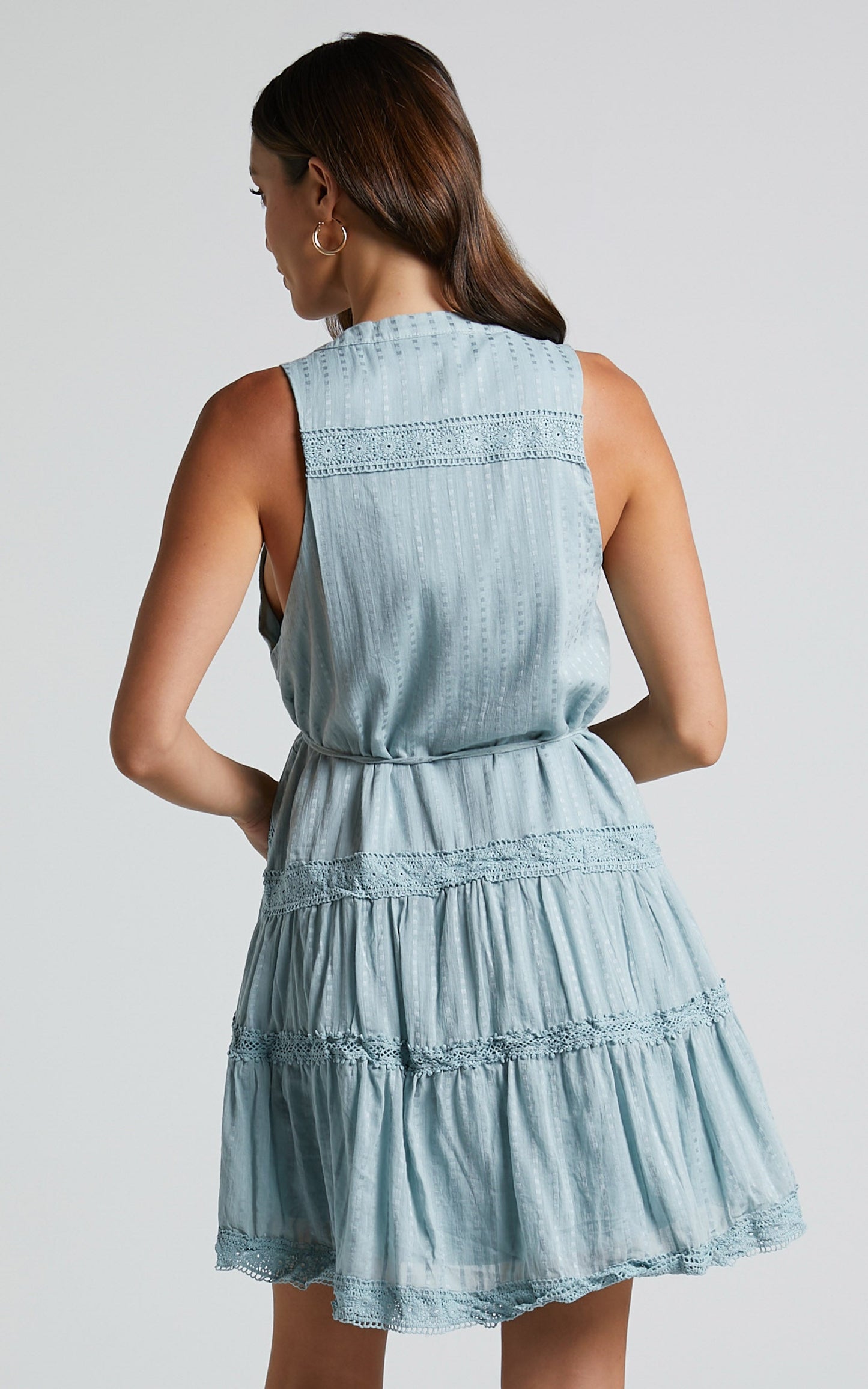 Scotty Mini Dress - Button Up Broderie Dress in Sage