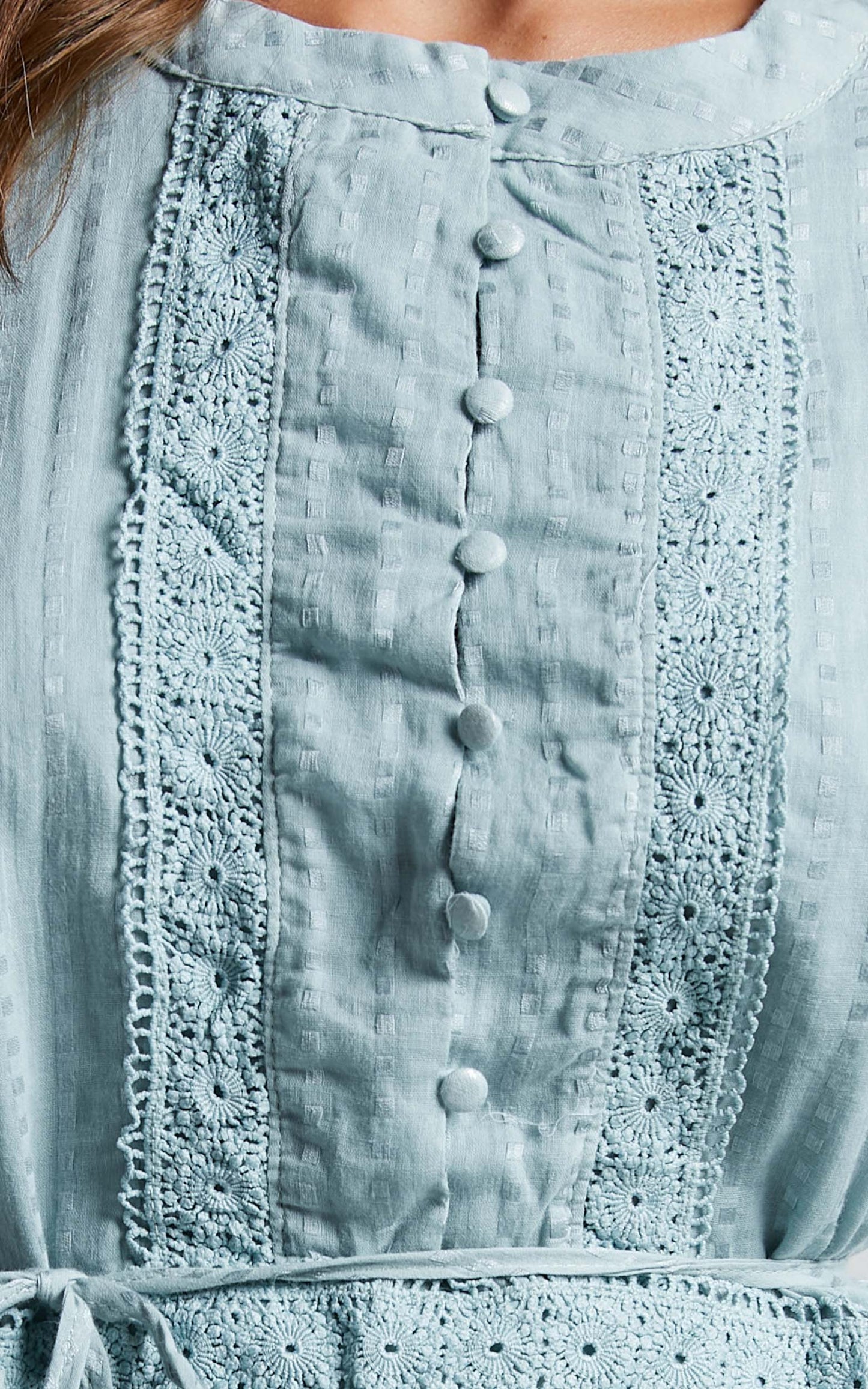 Scotty Mini Dress - Button Up Broderie Dress in Sage