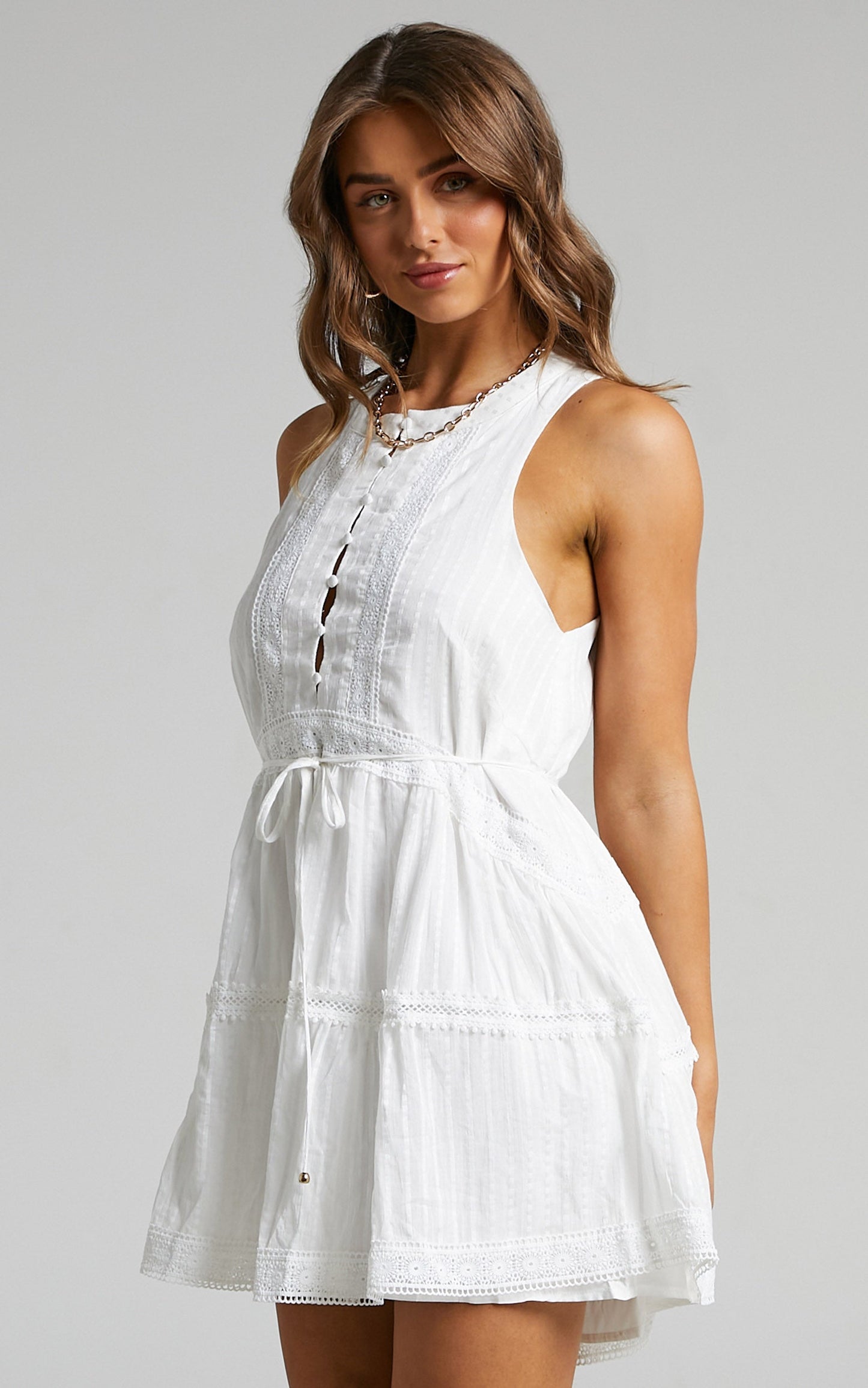 Scotty Mini Dress - Button Up Broderie Dress in White