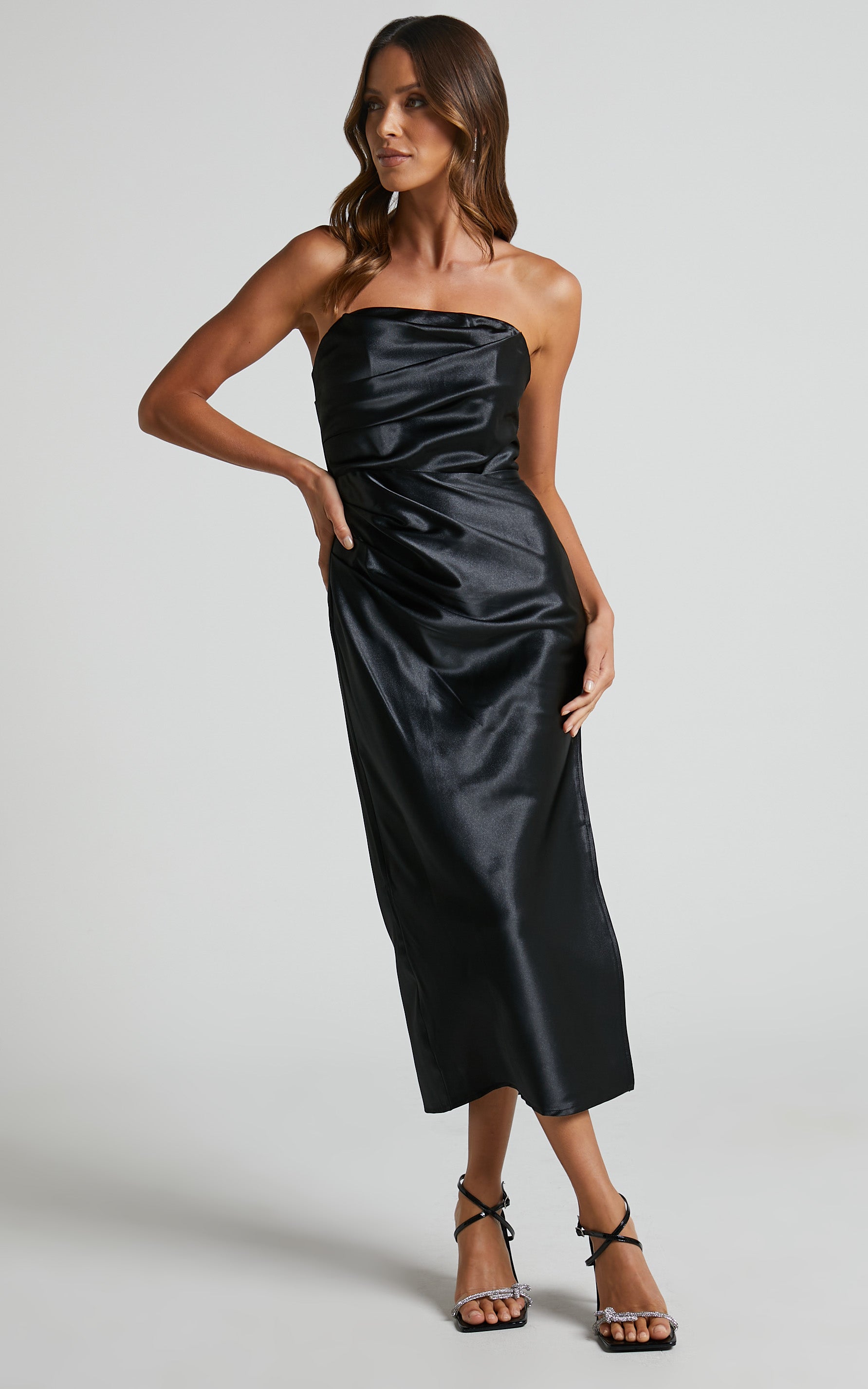 Seanna Midi Dress - Strapless Bodycon Satin Dress in Black