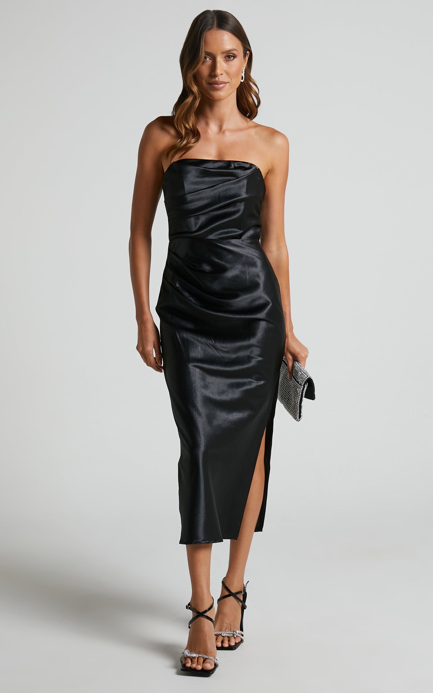 Seanna Midi Dress - Strapless Bodycon Satin Dress in Black
