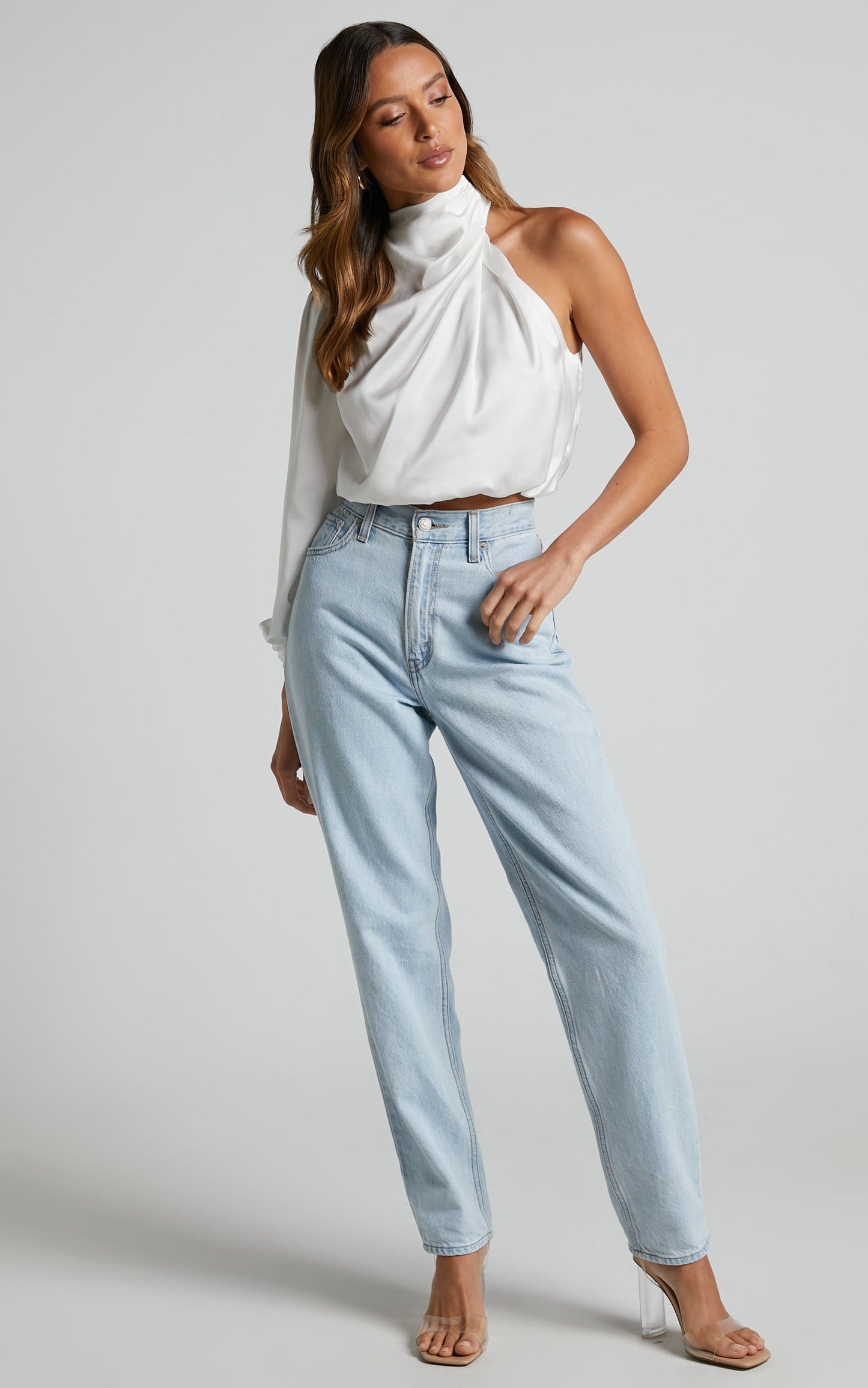 Selena Top - One Shoulder Satin Draped Long Sleeve Top in White
