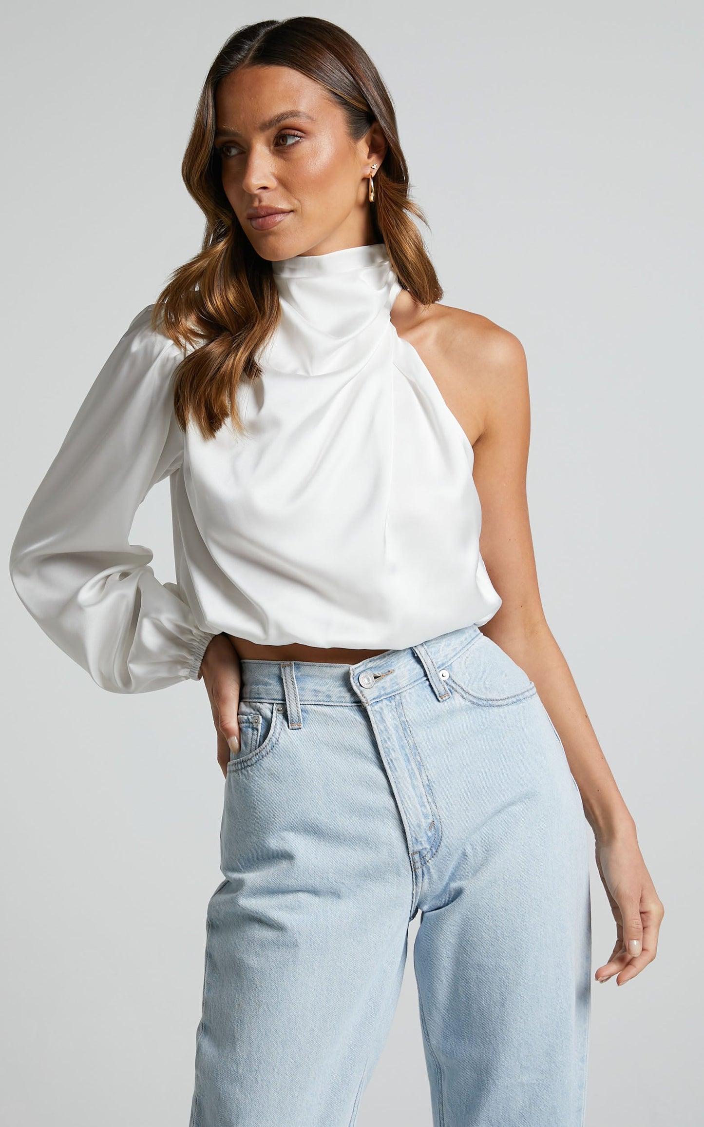 Selena Top - One Shoulder Satin Draped Long Sleeve Top in White