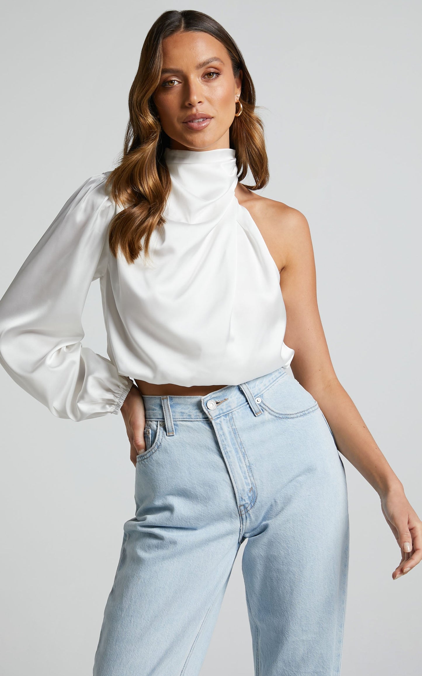 Selena Top - One Shoulder Satin Draped Long Sleeve Top in White