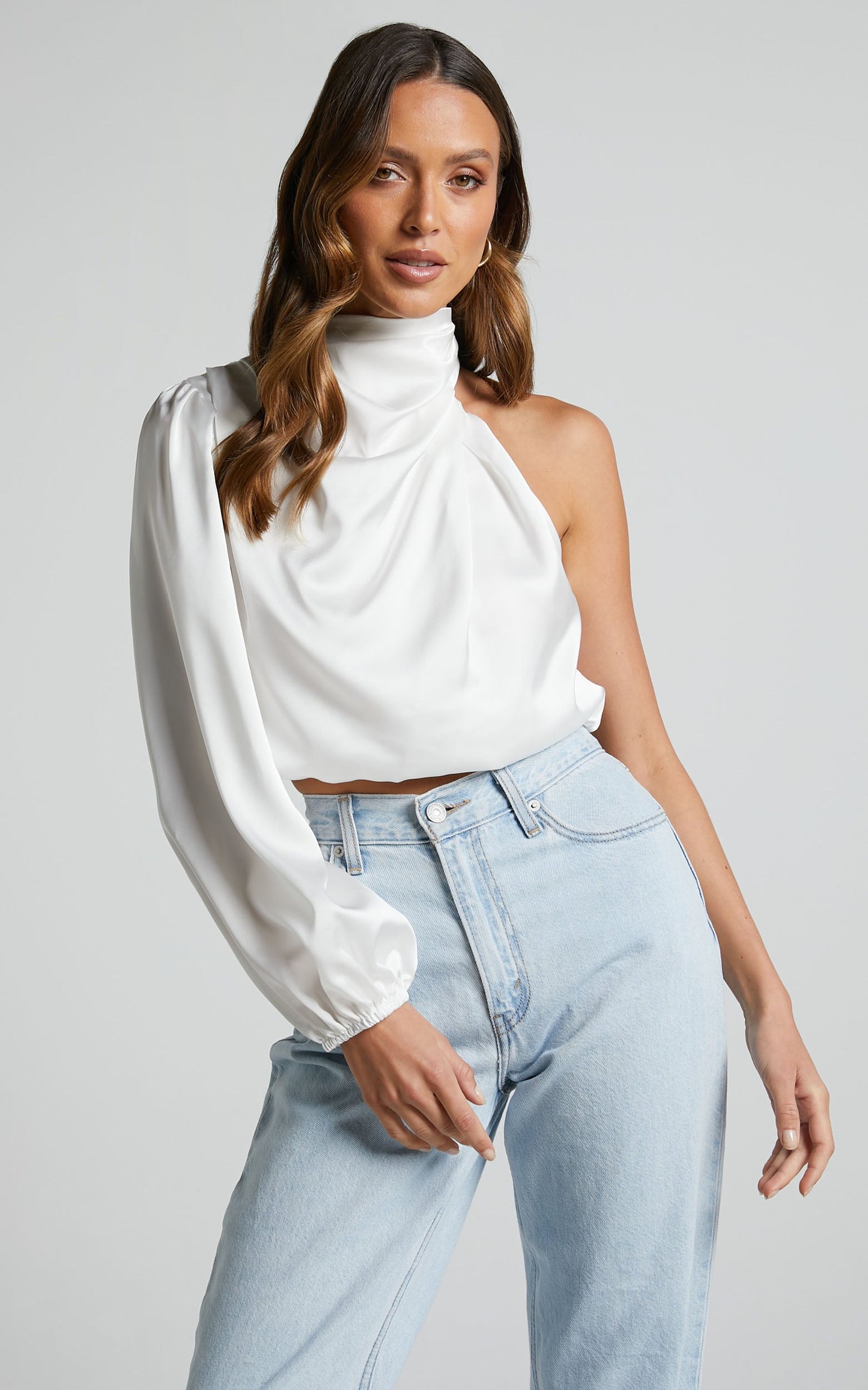 Selena Top - One Shoulder Satin Draped Long Sleeve Top in White