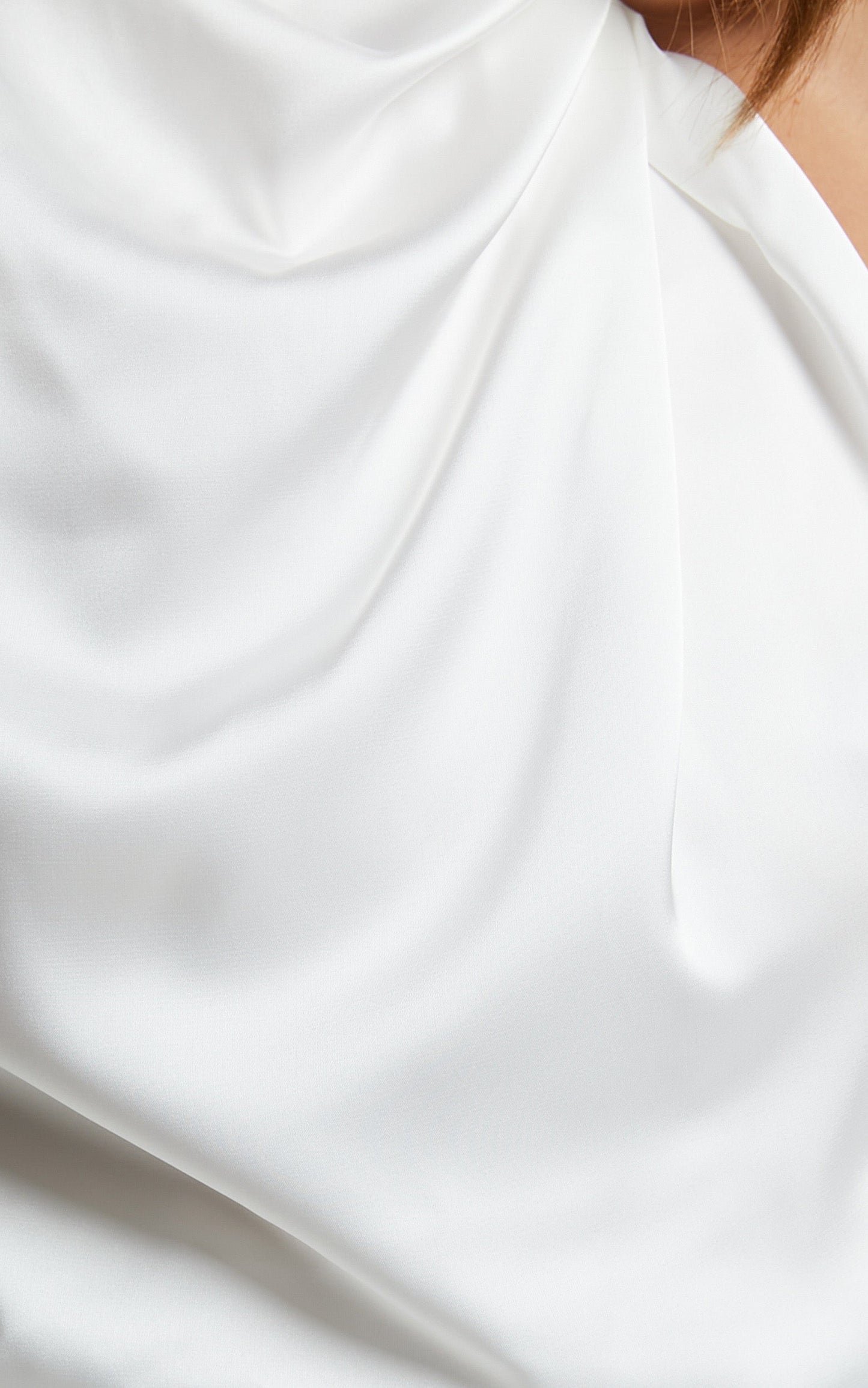 Selena Top - One Shoulder Satin Draped Long Sleeve Top in White