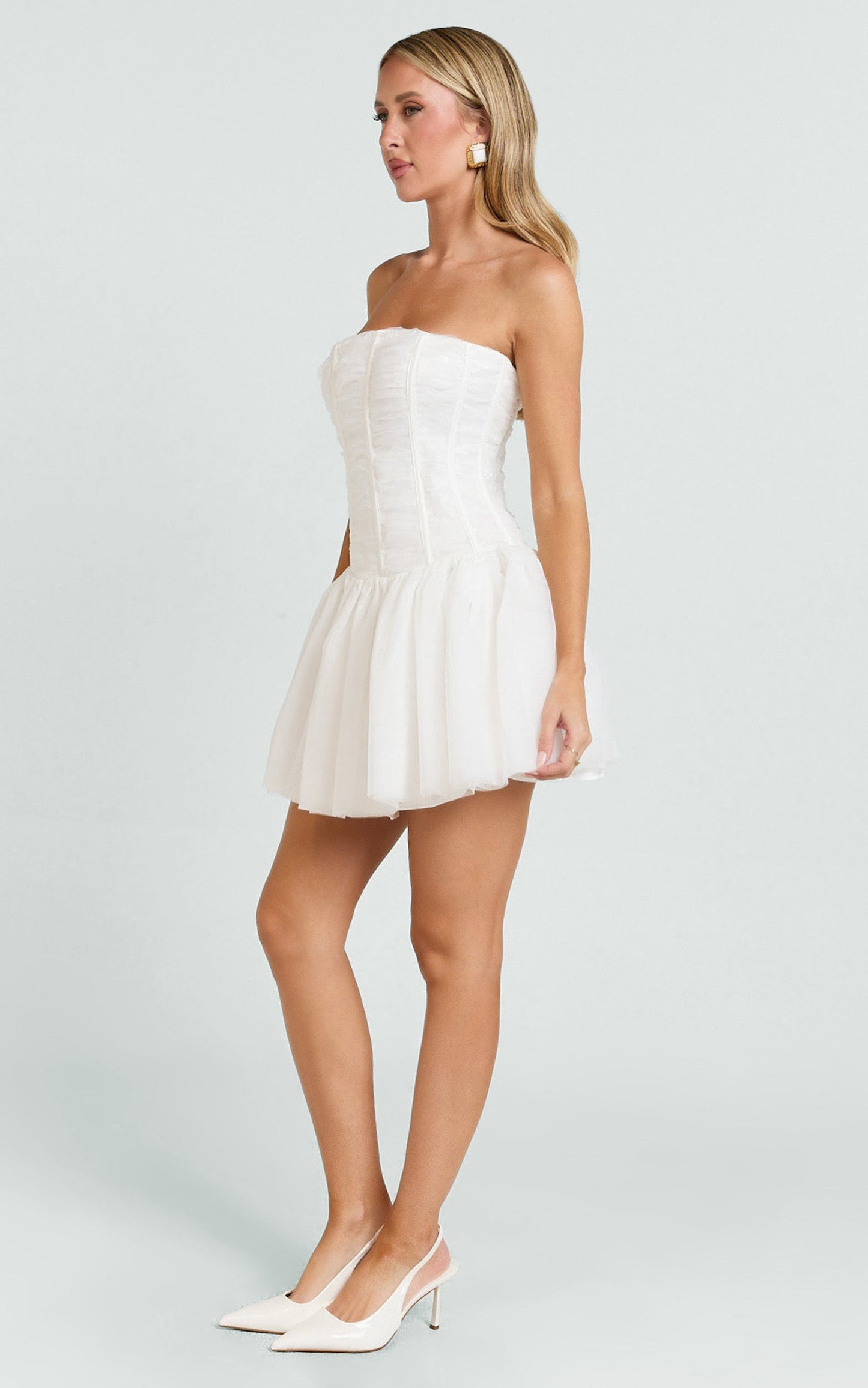 Selene Mini Dress - Ruched Corset Gathered Skirt Dress in Ivory
