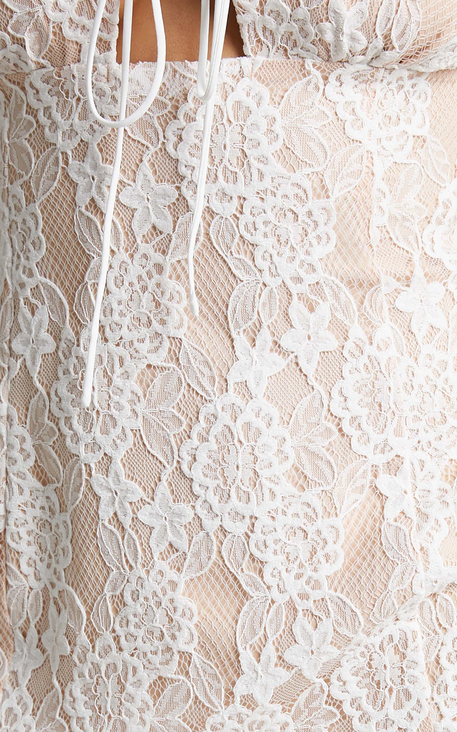 Selene Tie Front Long Sleeve Lace Mini Dress in White