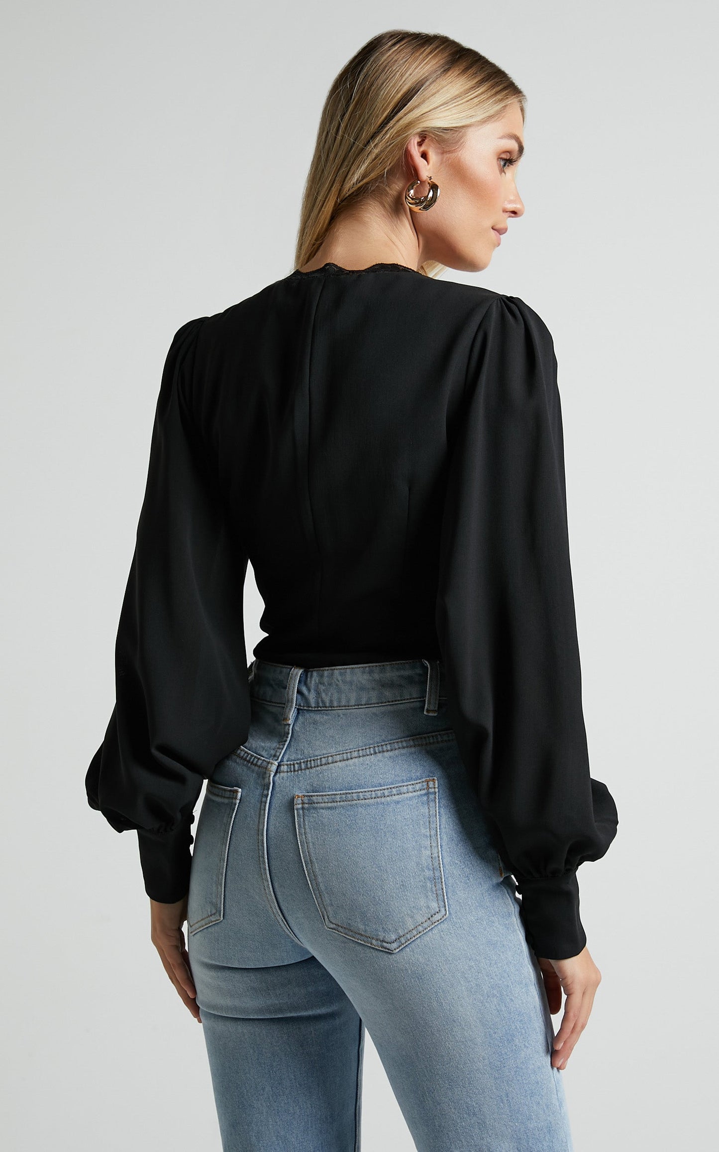 Selina Top - Long Sleeve Button Detail V Neck in Black