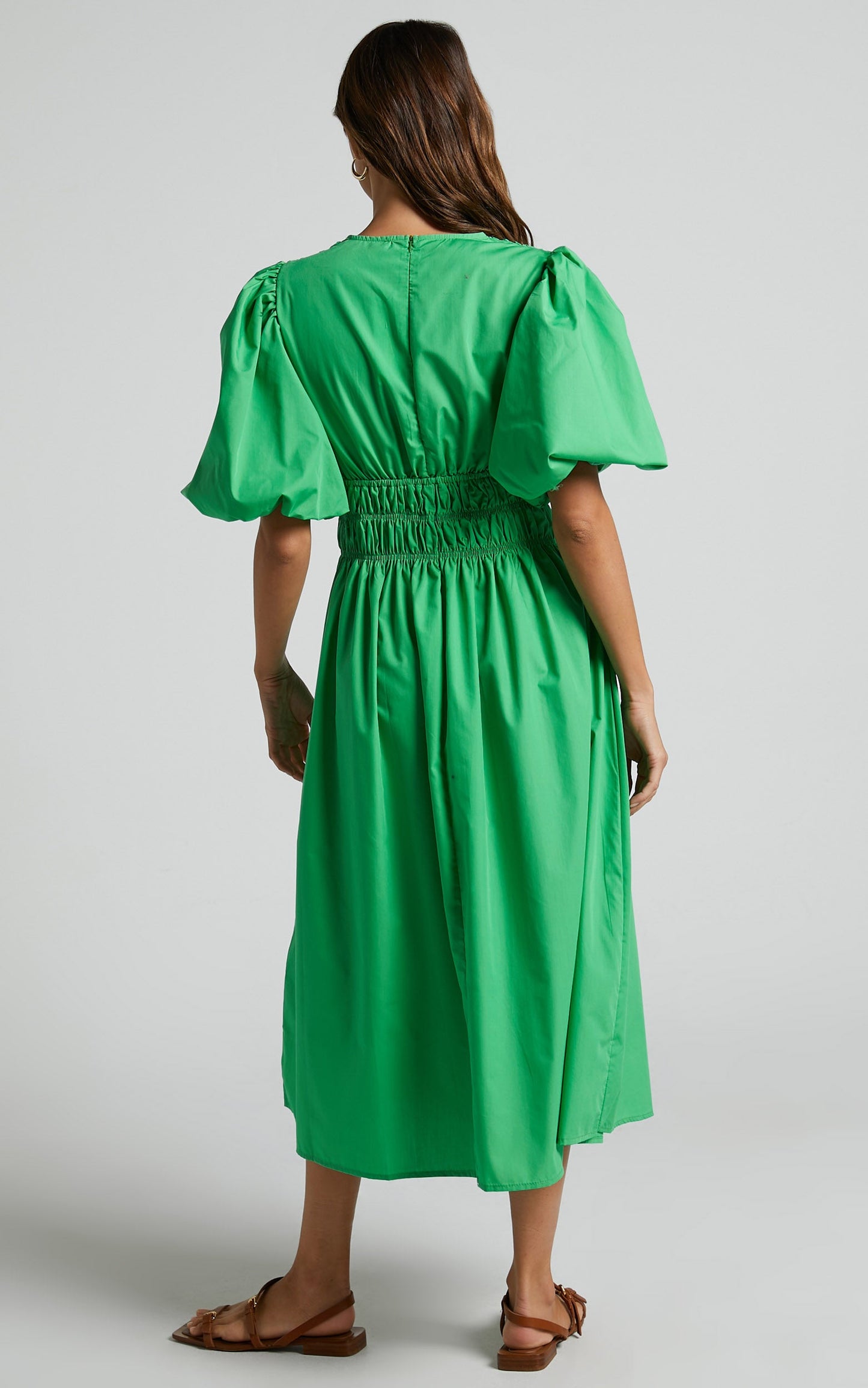Selnya Midi Dress - Puff Sleeve V Neck Panelled Dress in Green