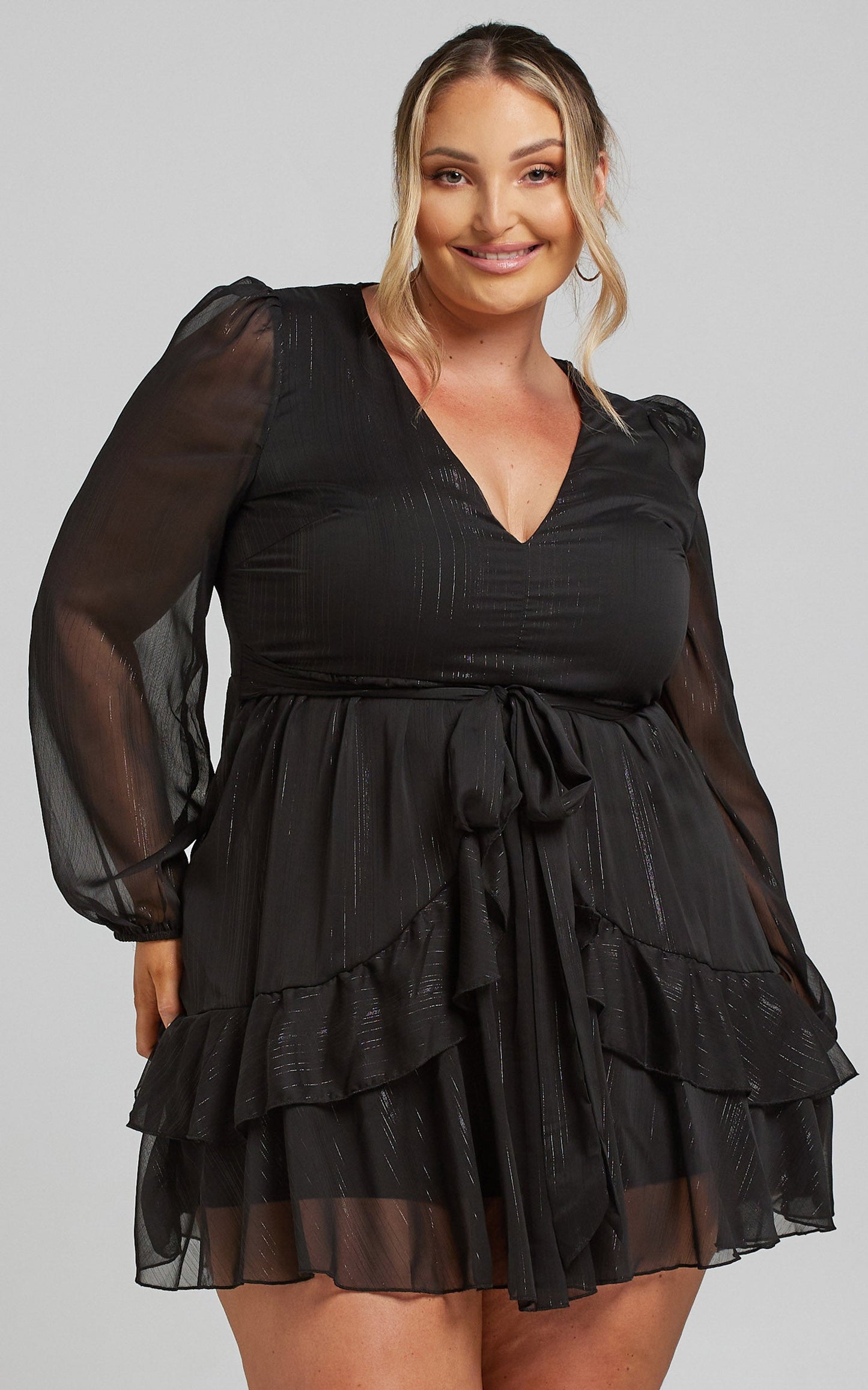 Eyes That Know Me Mini Dress - Long Sleeve Ruffle Dress in Black