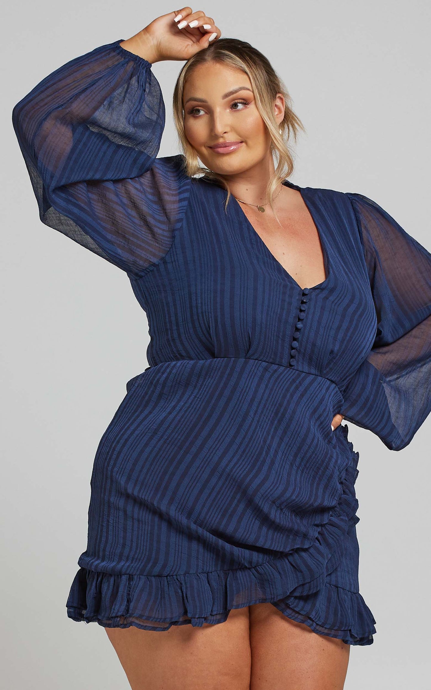 Amoretta Mini Dress - Textured Chiffon with Frills in Navy