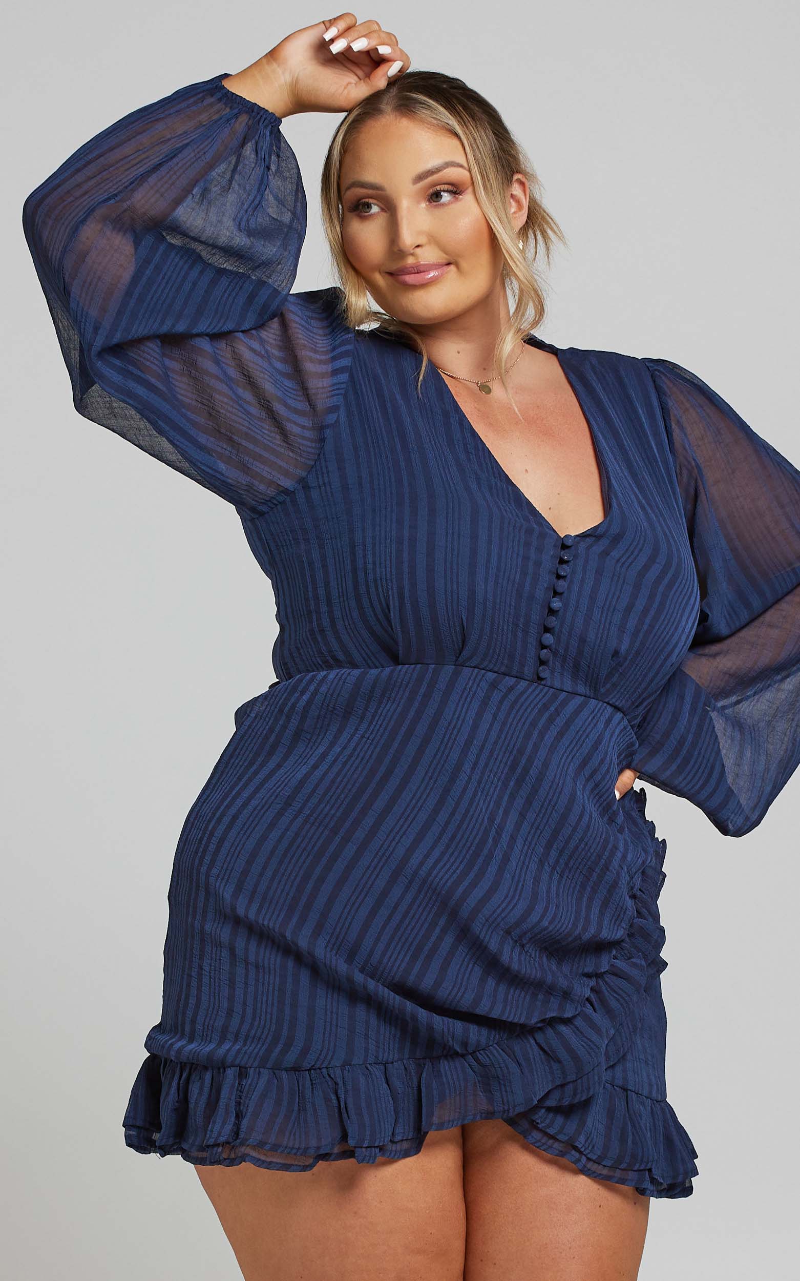 Amoretta Mini Dress - Textured Chiffon with Frills in Navy