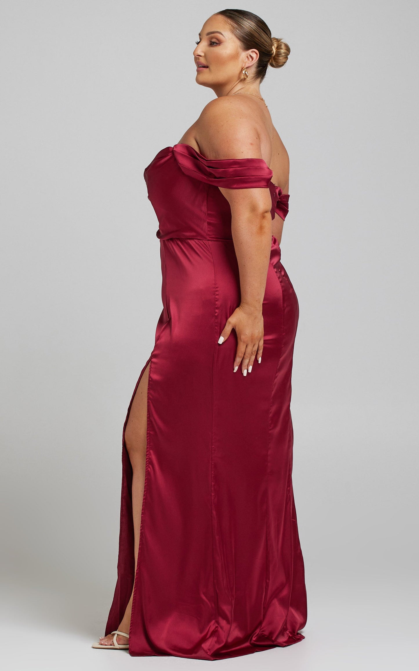 Faye Off Shoulder Maxi Dress in Wine Satin