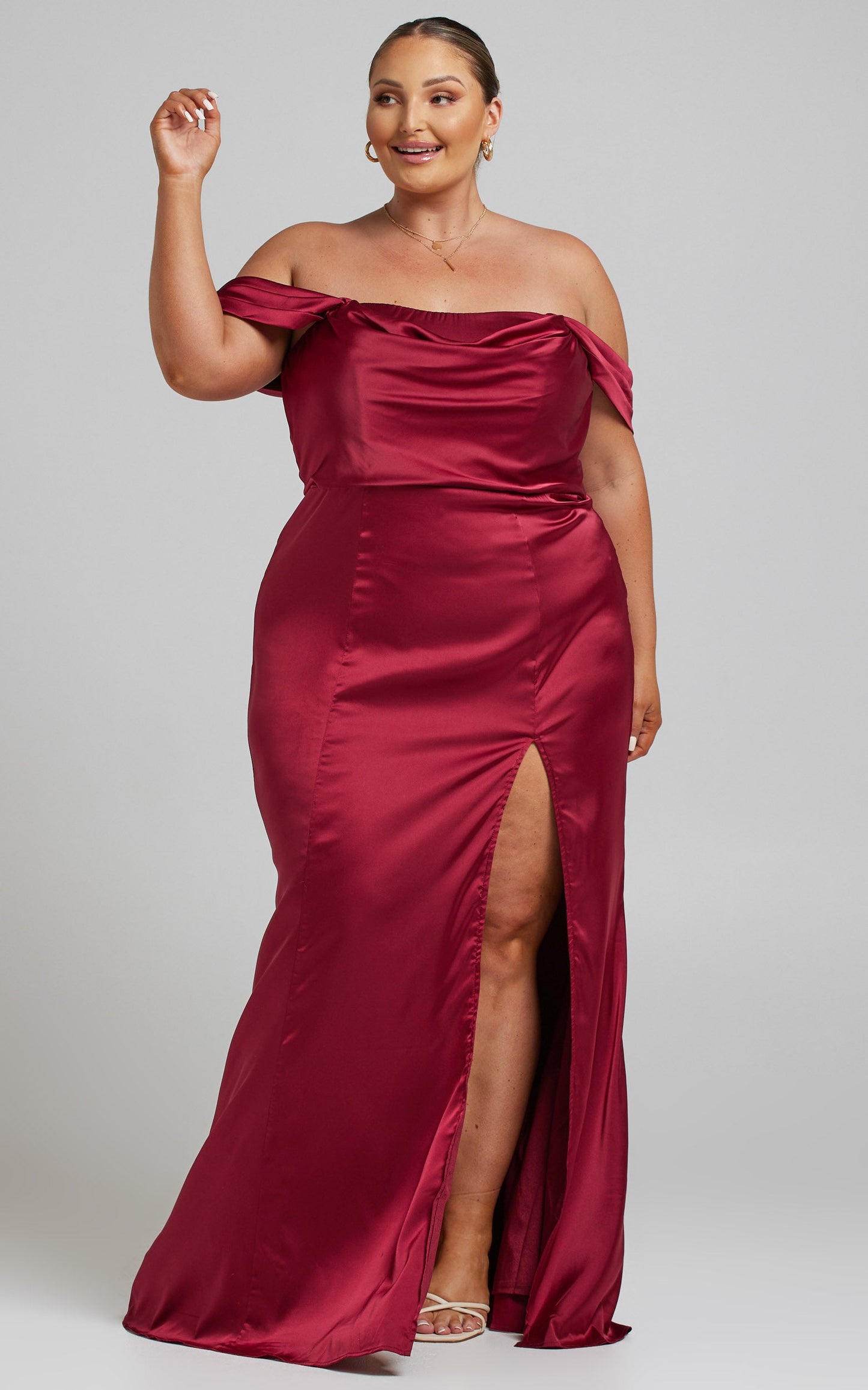 Faye Off Shoulder Maxi Dress in Wine Satin